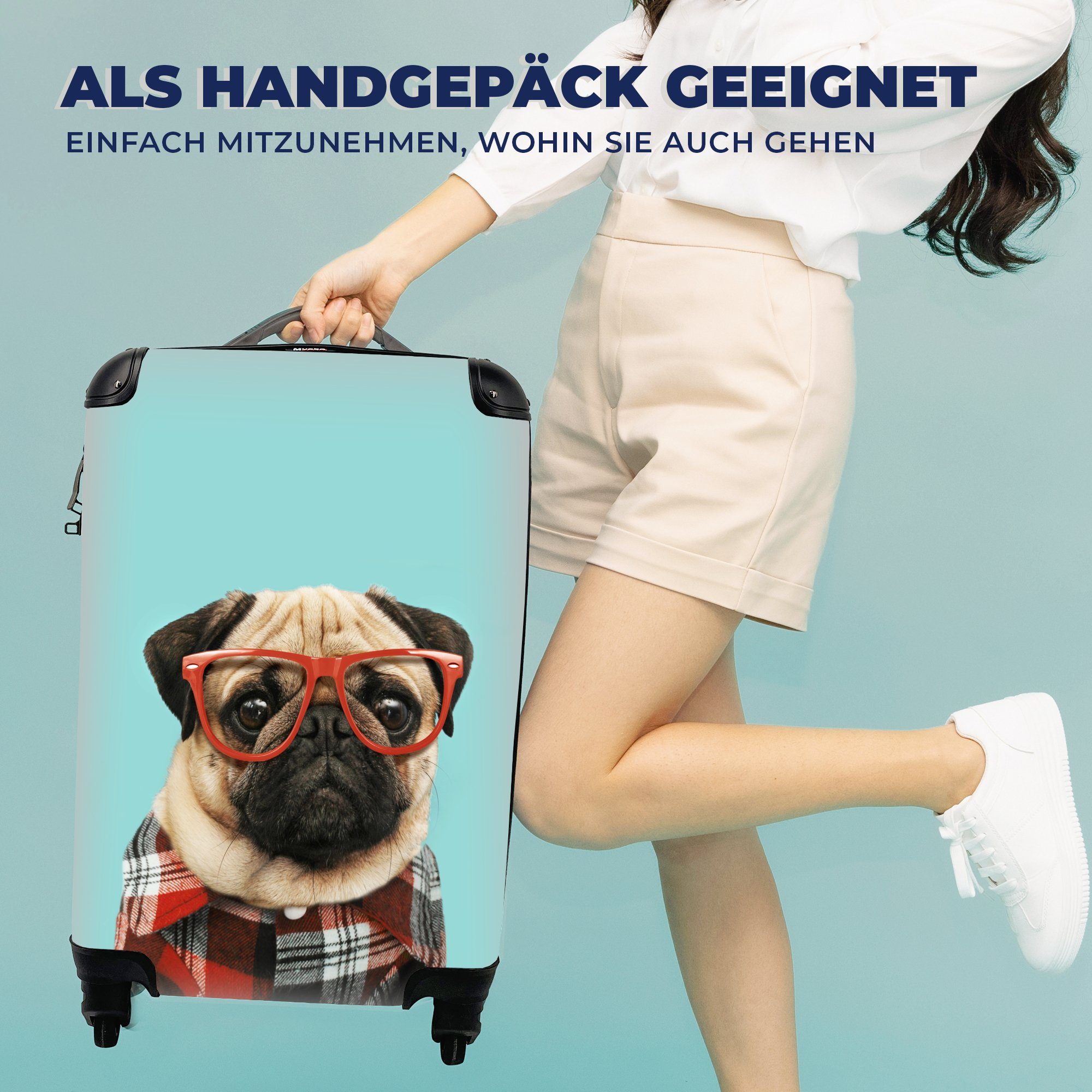 MuchoWow Handgepäckkoffer Hund für Reisetasche Trolley, Reisekoffer - Rollen, mit - Hipster Bluse, 4 Handgepäck - Brille rollen, Ferien