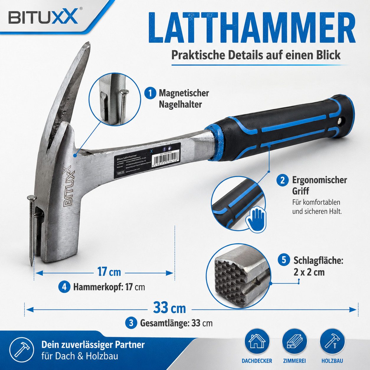 Bituxx Latthammer Bituxx Lattenhammer (MS-18935), magnetischer Nagelhalter