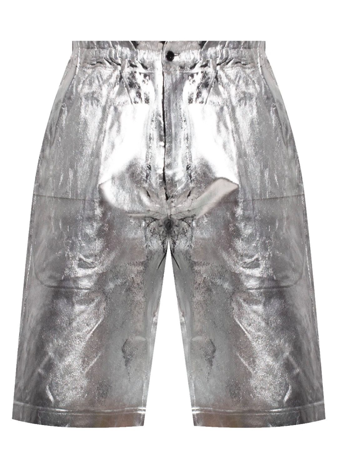 COMME des GARÇONS Shorts HOMME PLUS Distressed Silver Foil Made in Japan Deadstock Hose futuristische Rüstungen mit reflektierendes Aluminium