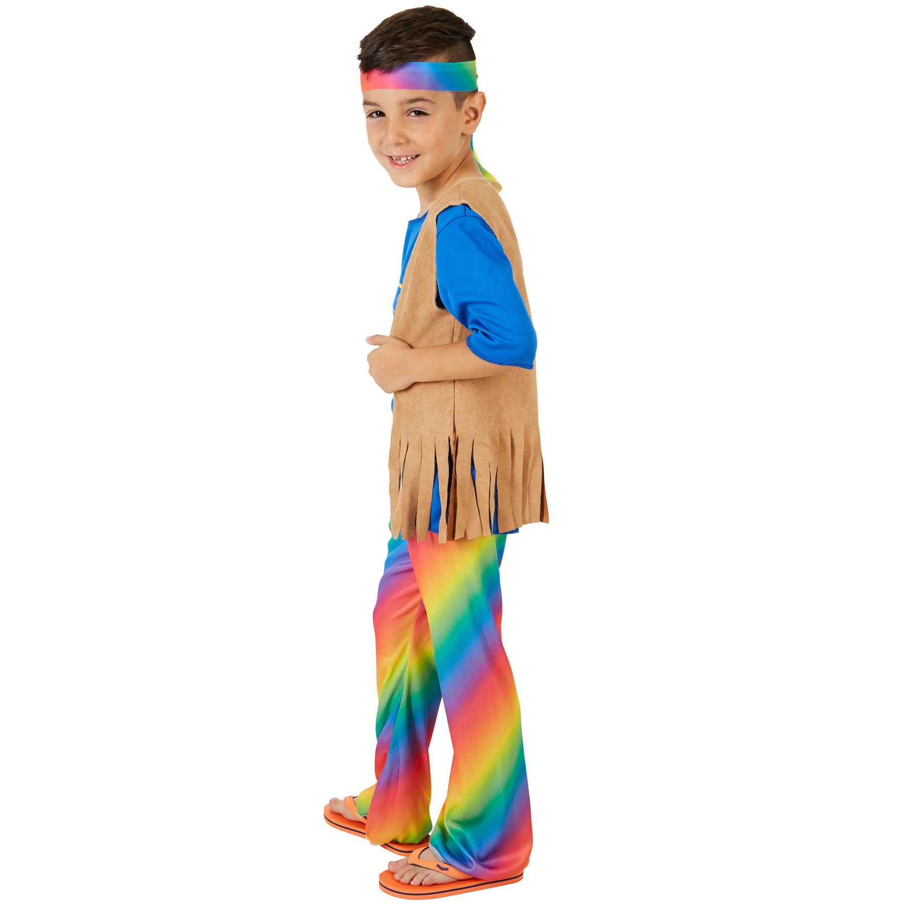 dressforfun Hippie-Kostüm Blumenkind/Friedensfreund, in der Farbe bunt, Gr. 104 (3-4 Jahre), Coole Verkleidung im Hippie-70er-Jahre-Look, Farbenfrohe Schlaghose