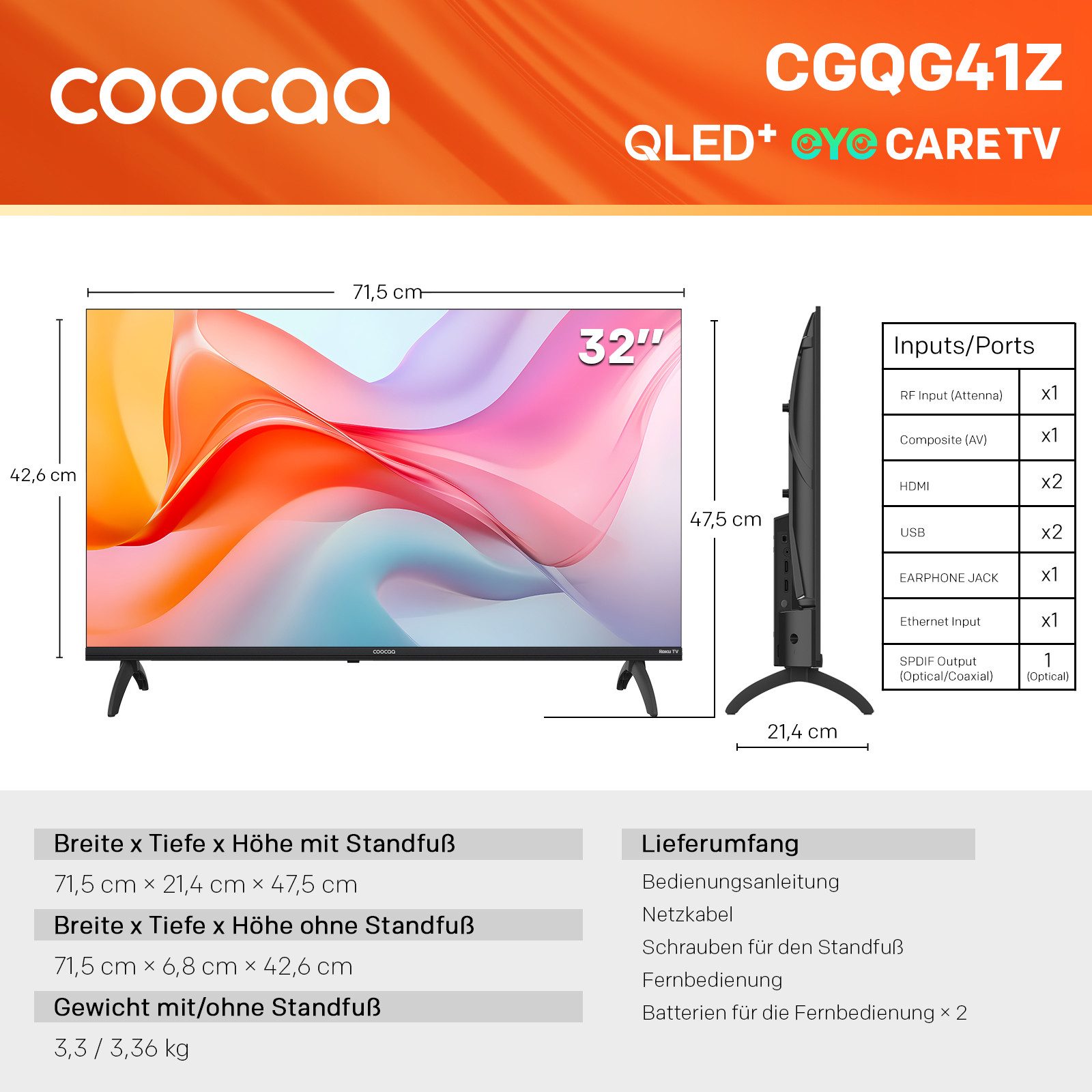 Coocaa 32CGQG41Z QLED-Fernseher (80 cm, HDR10, HLG, 1.5GB RAM für flüssiges Streaming, Dolby Audio, Triple Tuner DVB-T/-T2/-C/-S/-S2 CI+, Bluetooth 5.1, Smart TV, 200 Hz SMO Technologie, QLED+ mit Quantum-Dot-Technologie, 90 % DCI-P3)