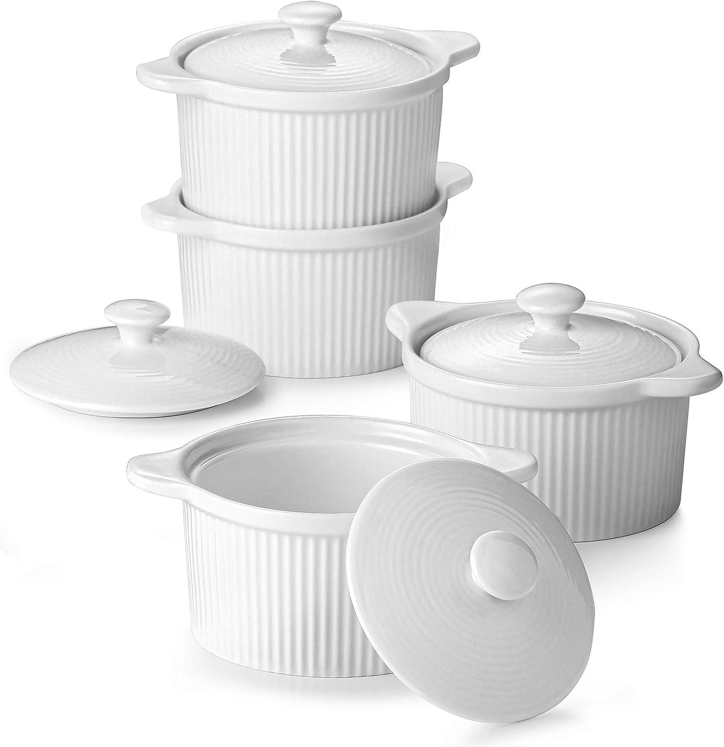 Dowan Auflaufform 210 ml Porzellanweiße Ramekins mit Deckeln und Griffen, Keramik, (4-St)