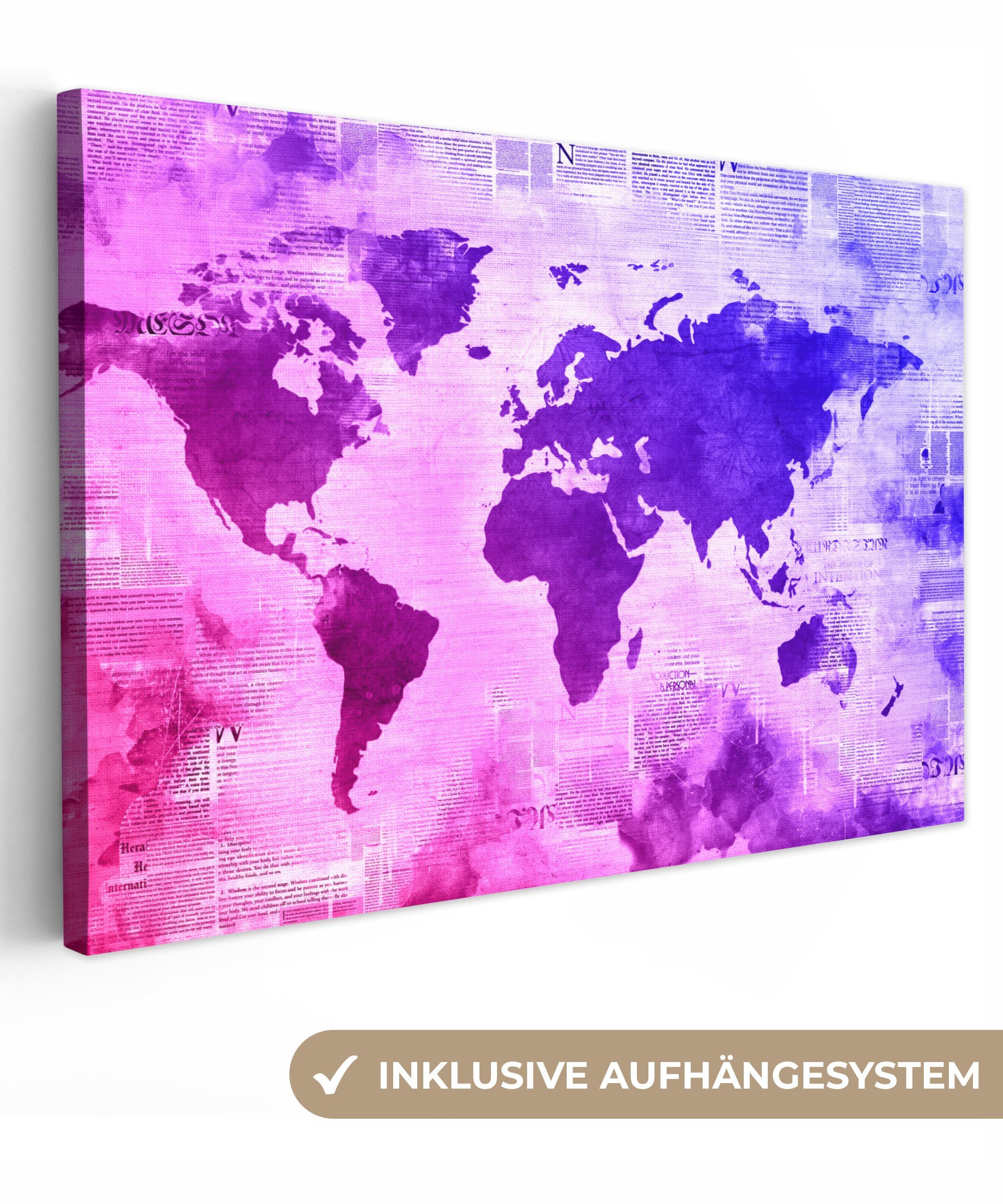 OneMillionCanvasses® Leinwandbild Weltkarte - Rosa - Blau, (1 St), Wandbild Leinwandbilder, Aufhängefertig, Wanddeko, 30x20 cm