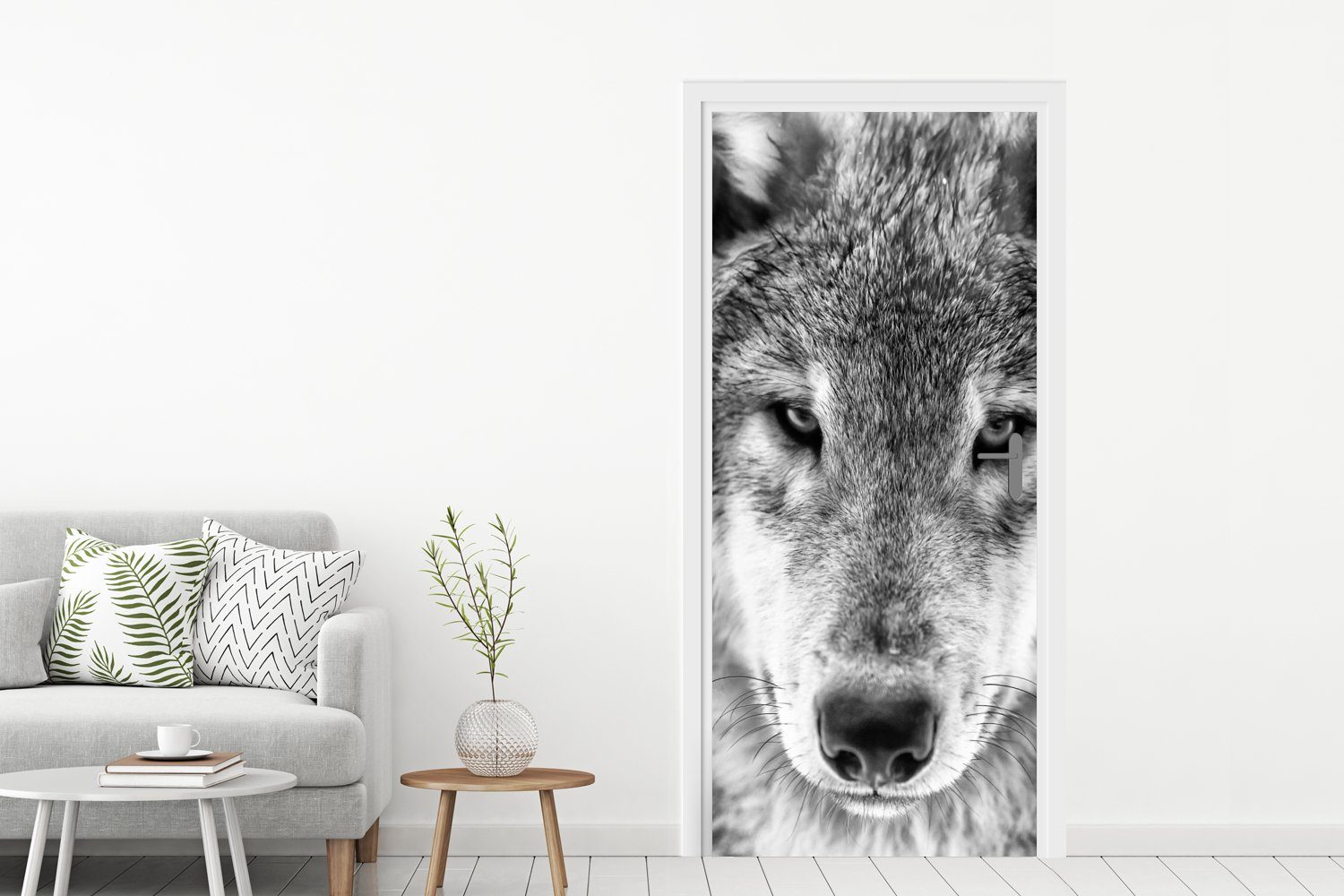 MuchoWow Türtapete Tierprofil Wolf cm und weiß, Türaufkleber, in schwarz 75x205 Fototapete bedruckt, St), Matt, für Tür, (1