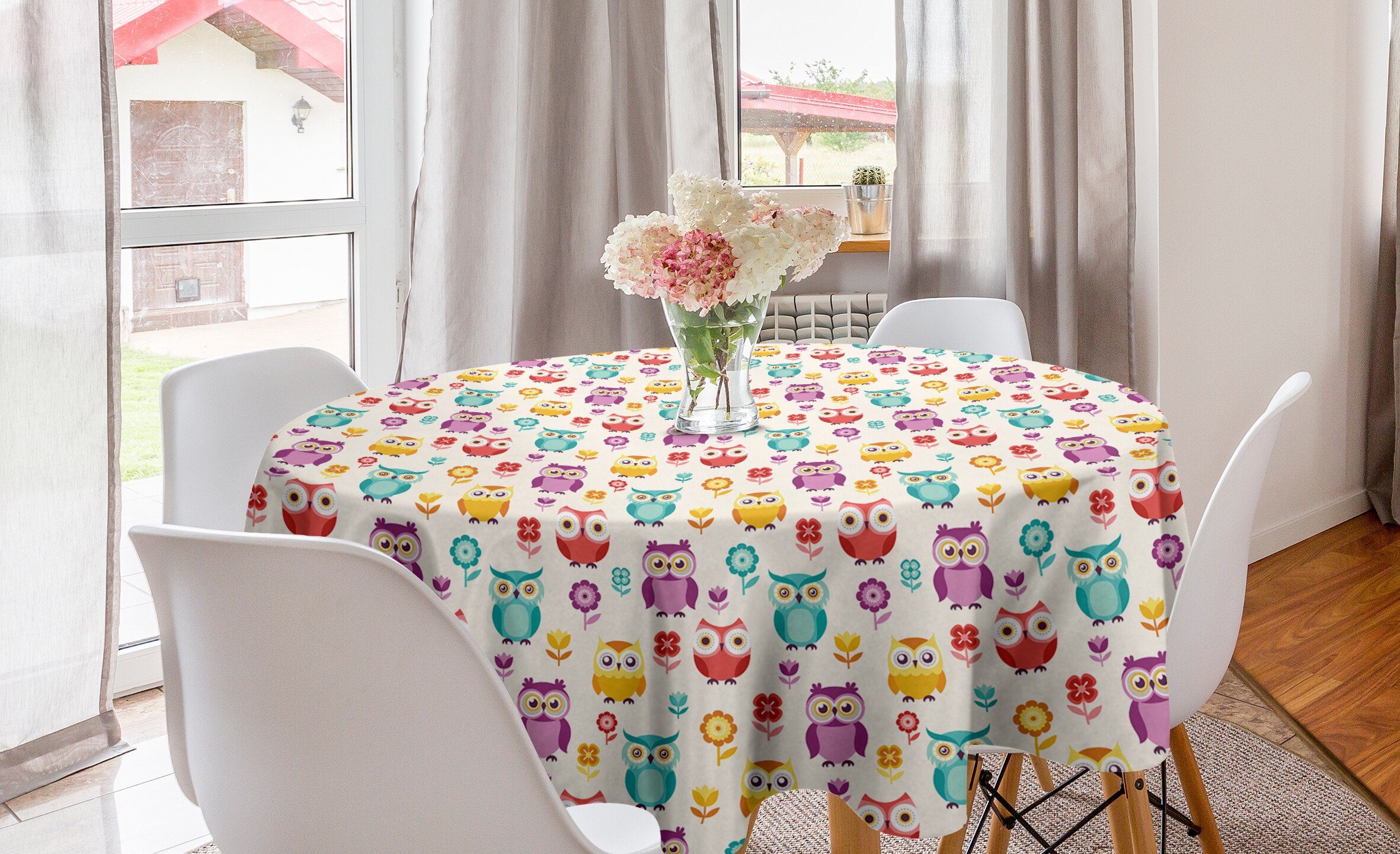 Abakuhaus Tischdecke Kreis Tischdecke Abdeckung für Esszimmer Küche Dekoration, Eulen Blumen Nostalgic Kinder