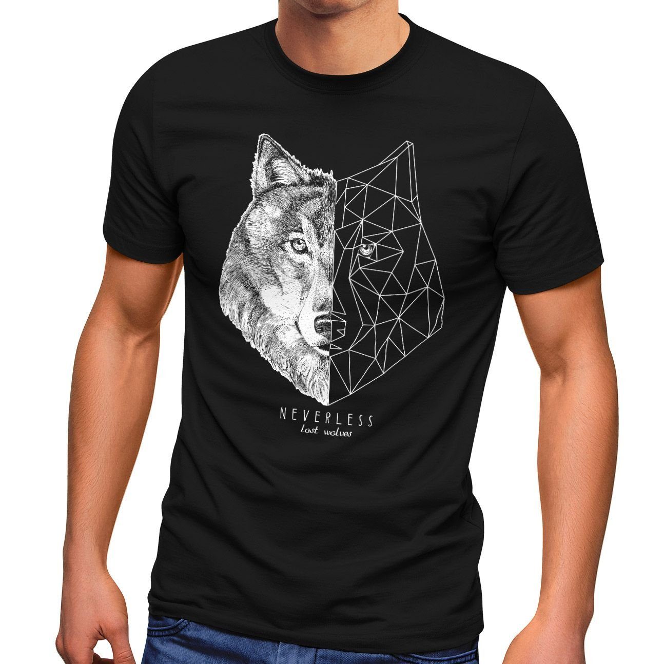 Printshirt Neverless T-Shirt Kunst schwarz mit Print-Shirt Tiermotiv Herren Streetstyle Grafik Fashion Wolf Print Polygon Neverless®