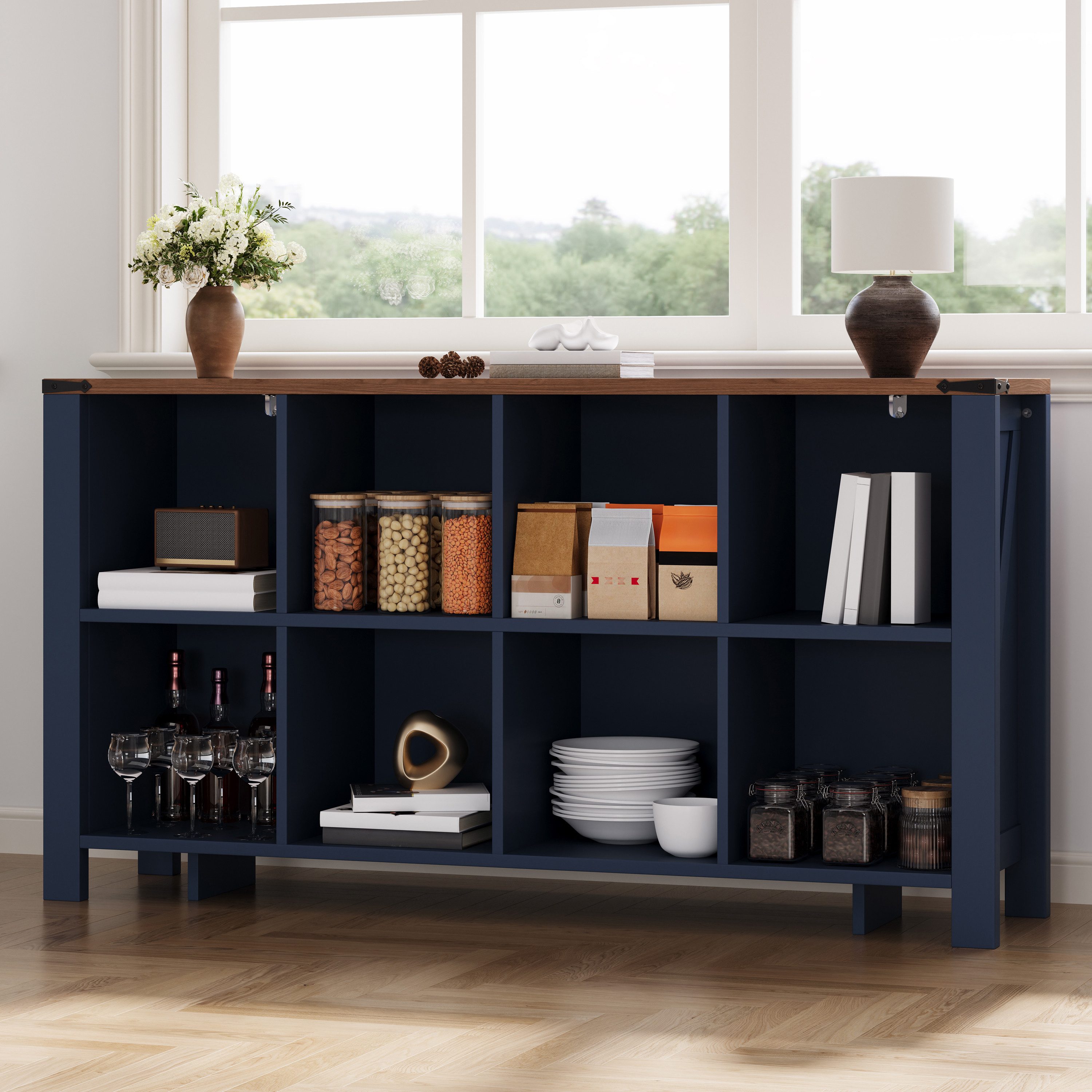 Flieks Bücherregal Standregal Würfelregal mit 8 Fächern, Arbeitsplatte Walnussholzfarbe, 1-tlg., Raumteilerregal Multifunktionsschrank Aktenregal Dunkelblau – Bild 4 von 5