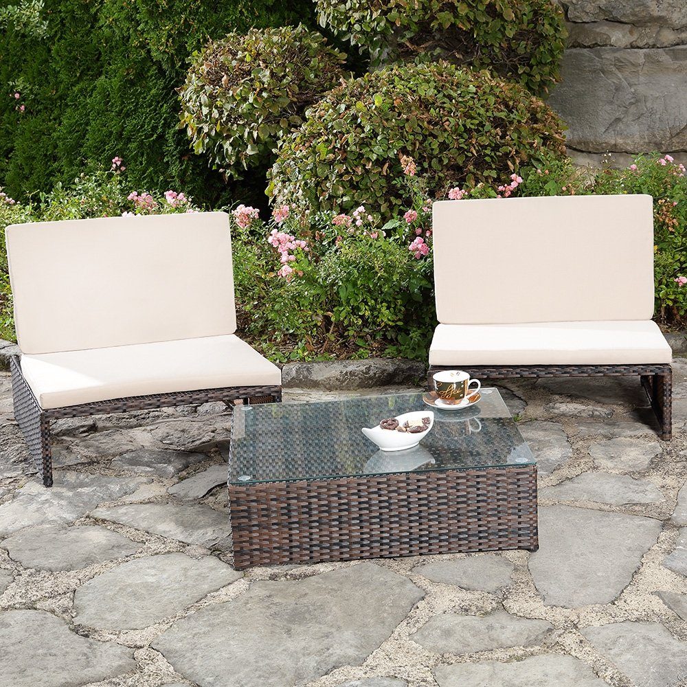 Feel2Home Garten-Essgruppe Gartenmöbelset Sessel Tisch Sitzgruppe Polyrattan versch. Farben, (Sitzgruppe, 3-teiliges Sitzset bestehend aus 2 Sesseln und 1 Tisch), wasserabweisend