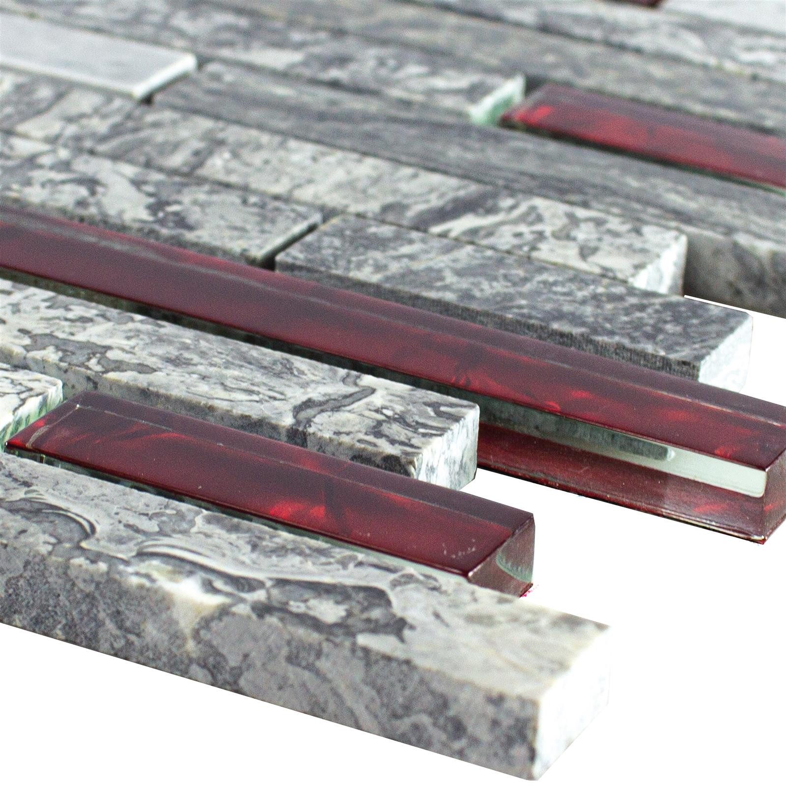 Mosafil Mosaikfliesen Glas Naturstein Mosaik Fliesen Manavgat Brick, Naturstein-Glas 30.000x29.000, rot-grau, Wasserfest