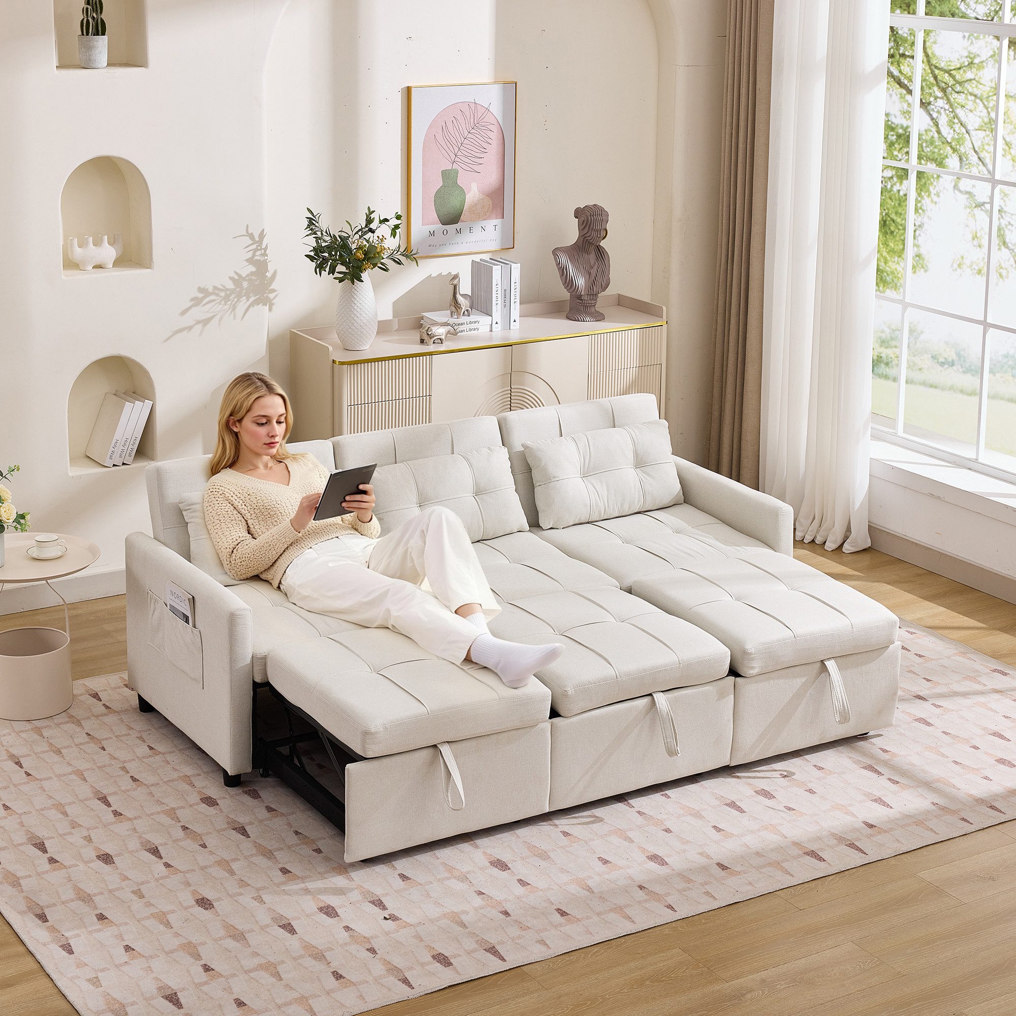 Odikalo Ecksofa Schlafsofa Eckcouch mit Schlaffunktion und Verstellbare Rückenlehne, Modernes 3-Sitzer-Schlafsofa mit Schlaffunktion,Geeignet für Wohn- und Schlafzimmer, Rückenlehne bis 180° verstellbar,Ecksofa Sofa und L-förmiges Sofa,Klappbares Stauraumsofa mit Seitentaschen