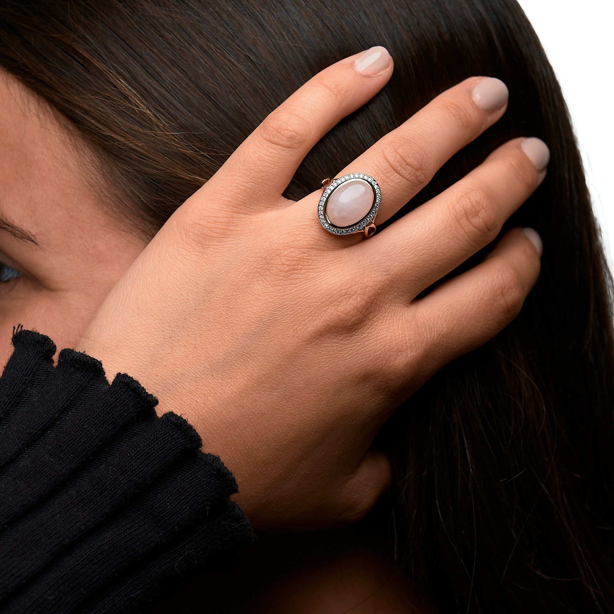 Zeeme Fingerring Silber 925 rosé-vergoldet mit echtem Rosenquarz und Zirkonia