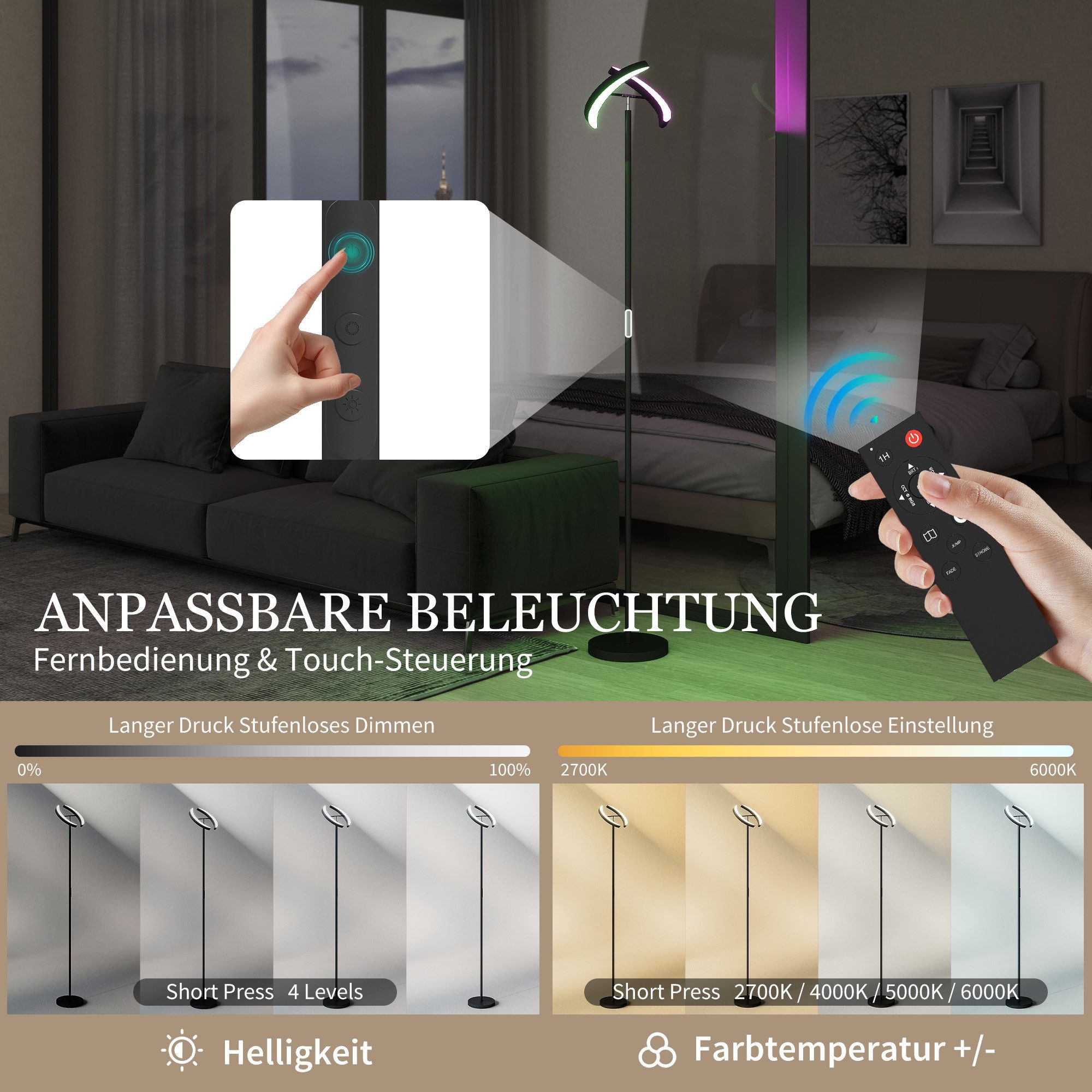 HOMCOM Stehlampe LED Wohnzimmer RGB Stehleuchte Dimmbar 350° drehbarer Doppelkopf, Dimmfunktion, Farbwechsel, Nachtlichtfunktion, LED fest integriert, Farbwechs – Bild 4 von 5
