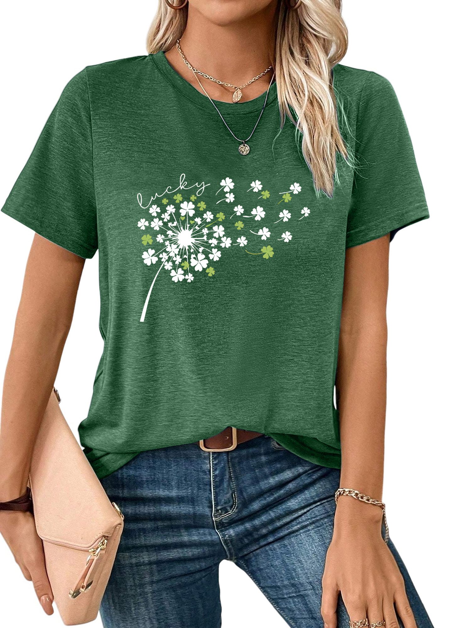 PYLIKE Kurzarmbluse Bequemes Shirt Damen Kurzarm Basic-Shirt mit Löwenzahn Print Bequem für Freizeit und Büro,Strandurlaub