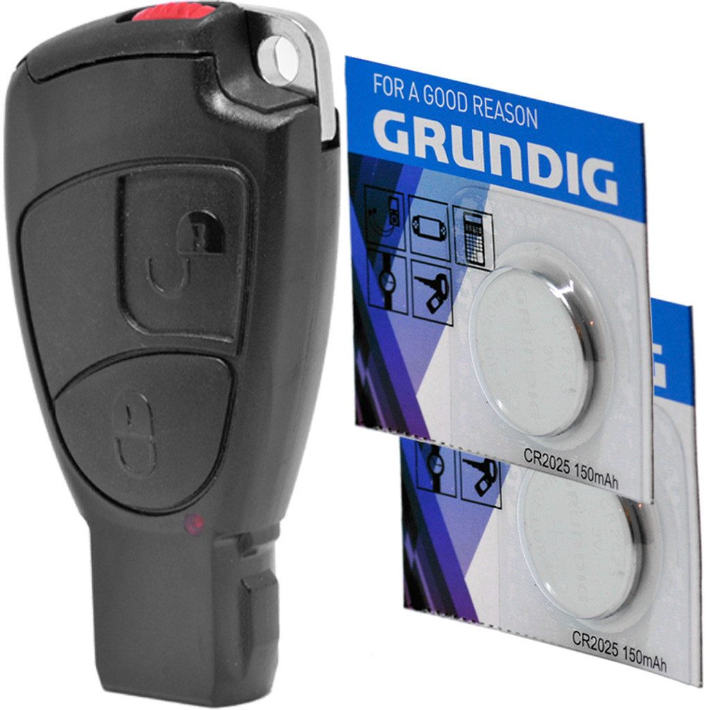 mt-key Auto Schlüssel Ersatz Gehäuse + Batteriehalter + Rohling + 2X CR2025 Knopfzelle, CR2025 (3 V), für Mercedes Benz Funk Fernbedienung