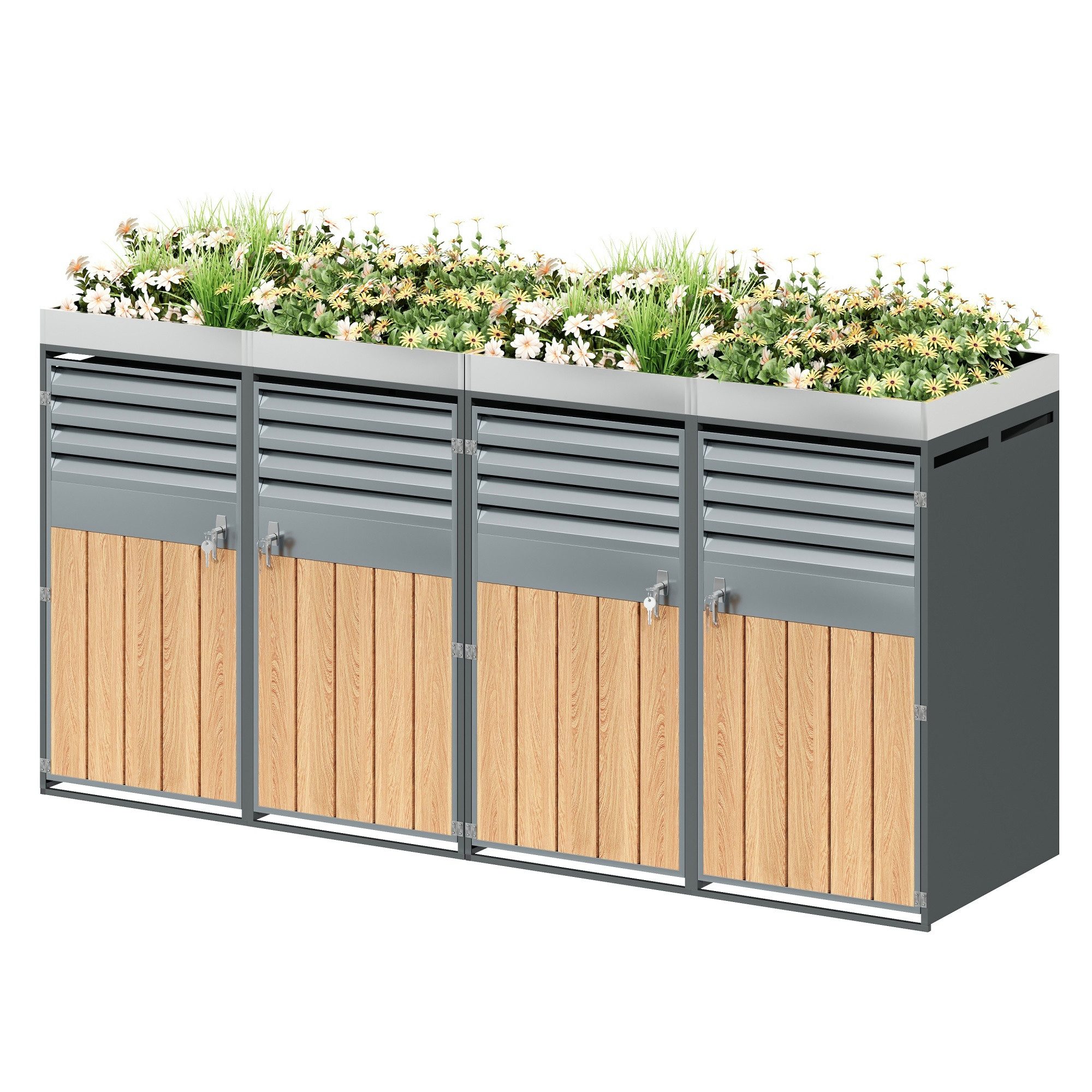 SOFTWEARY Mülltonnenbox Mülltonnenunterstand mit Hochbeet (abschließbare Müllbox, Mülltonnenverkleidung), für 4 Tonnen 120 oder 240 Liter, dunkelgrau