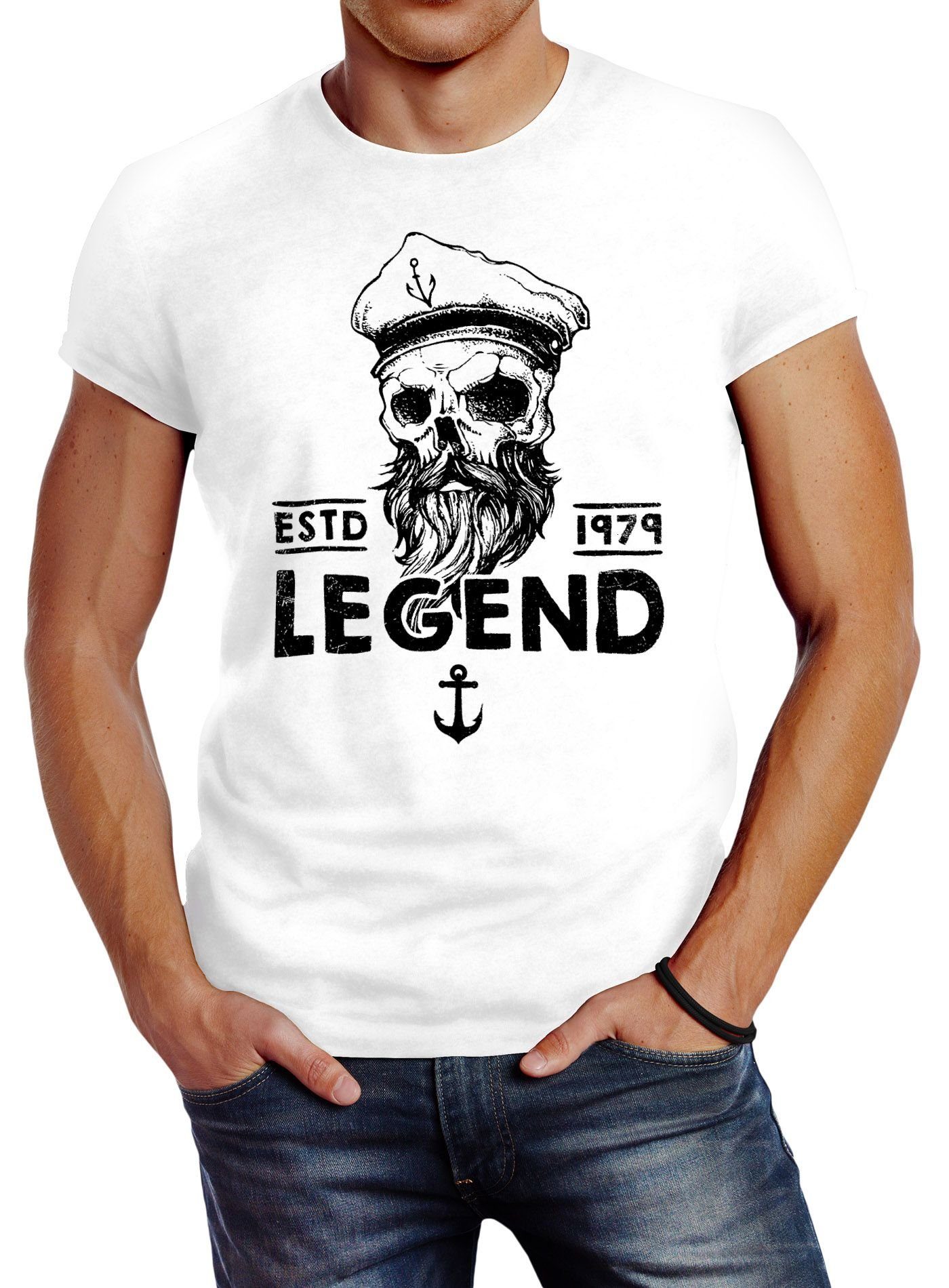 Neverless Print-Shirt Herren T-Shirt Skull Captain Legend Totenkopf Bart Kapitän Slim Fit Neverless® mit Print weiß | T-Shirts