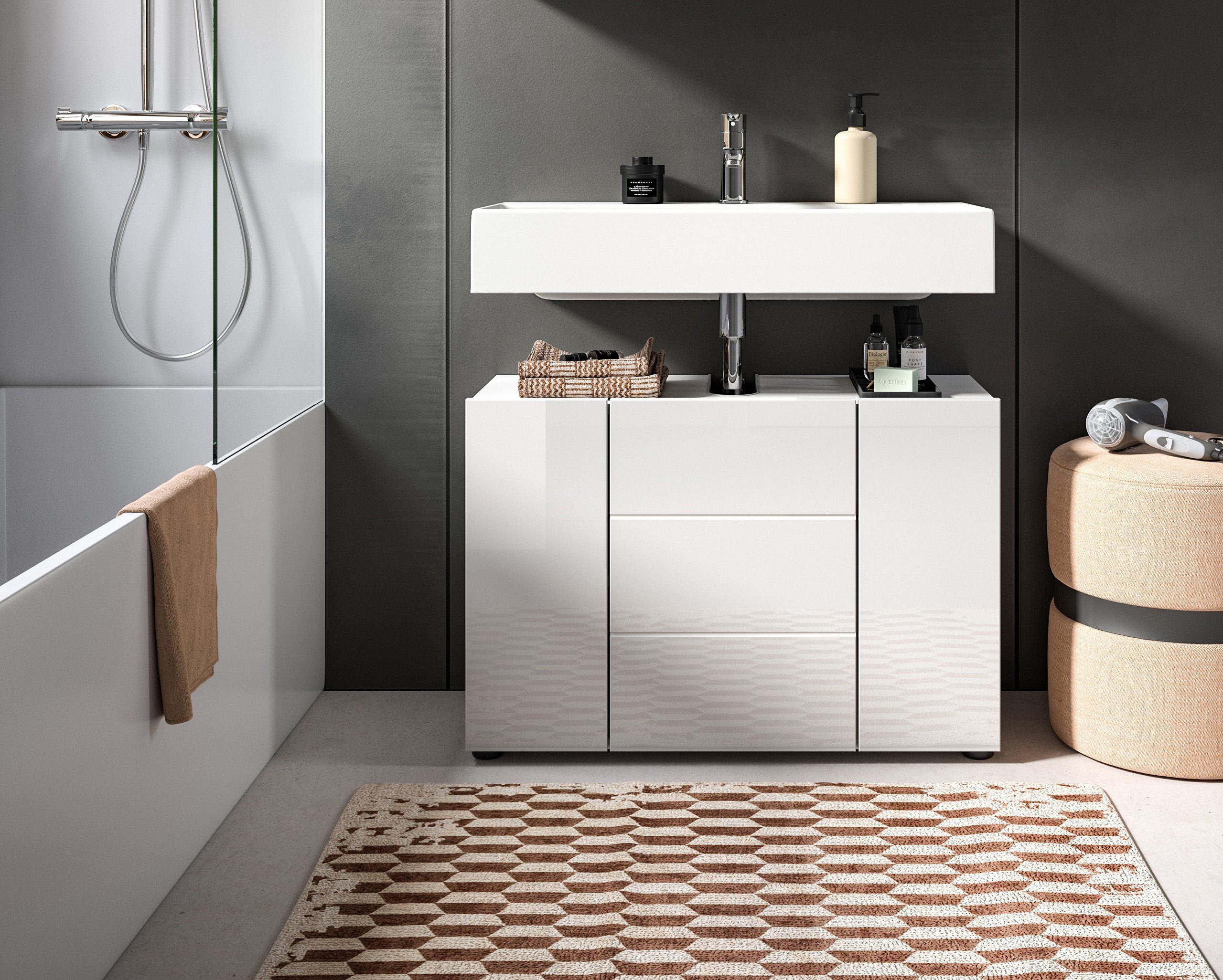 Newroom Waschbeckenunterschrank Valea Waschbeckenunterschrank Weiß Hochglanz Waschtischunterschrank Badu...