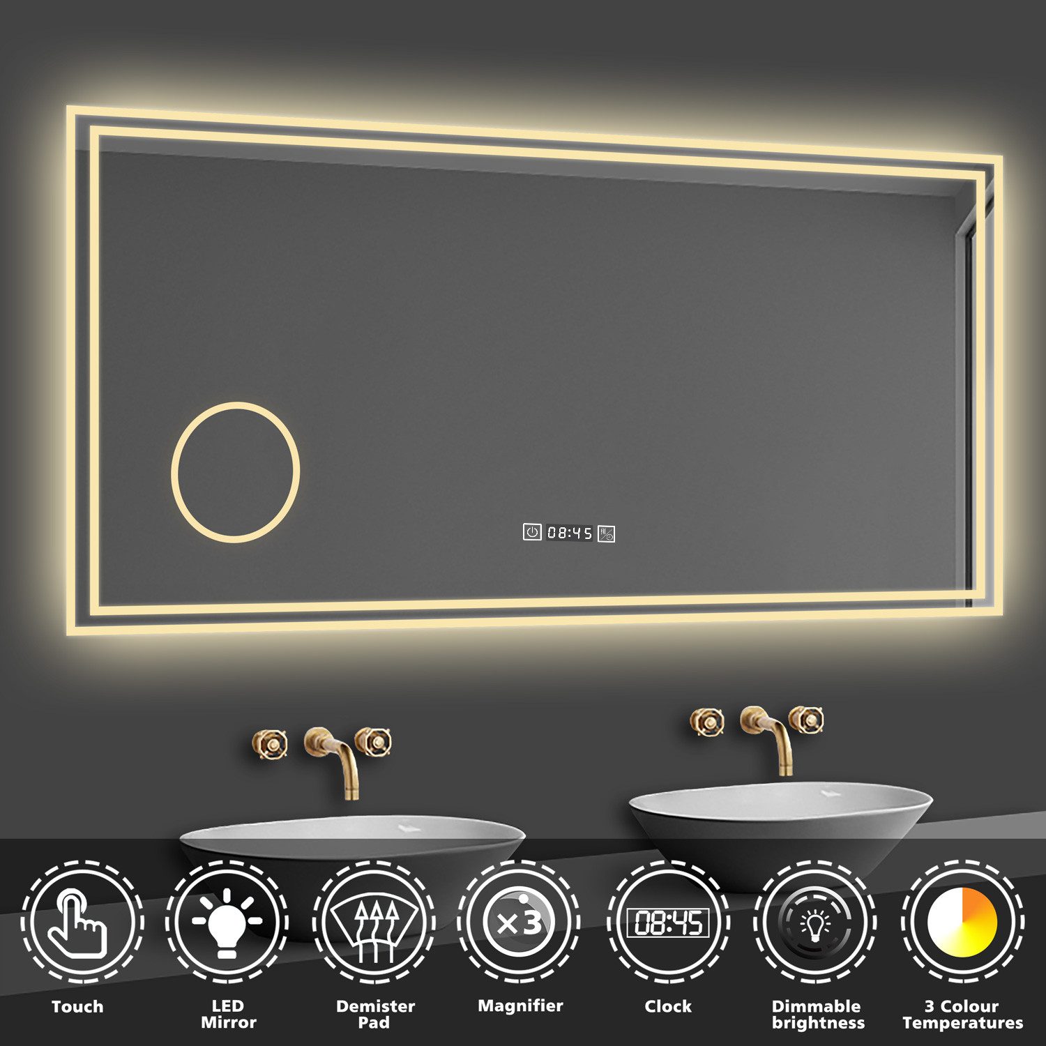 duschspa Badspiegel 80-160cm mit LED, Uhr, Beschlagfrei, Schminkspiegel, Kalt/Warm/Neutral Licht, dimmbar, Helligkeit-Speicherfunktion