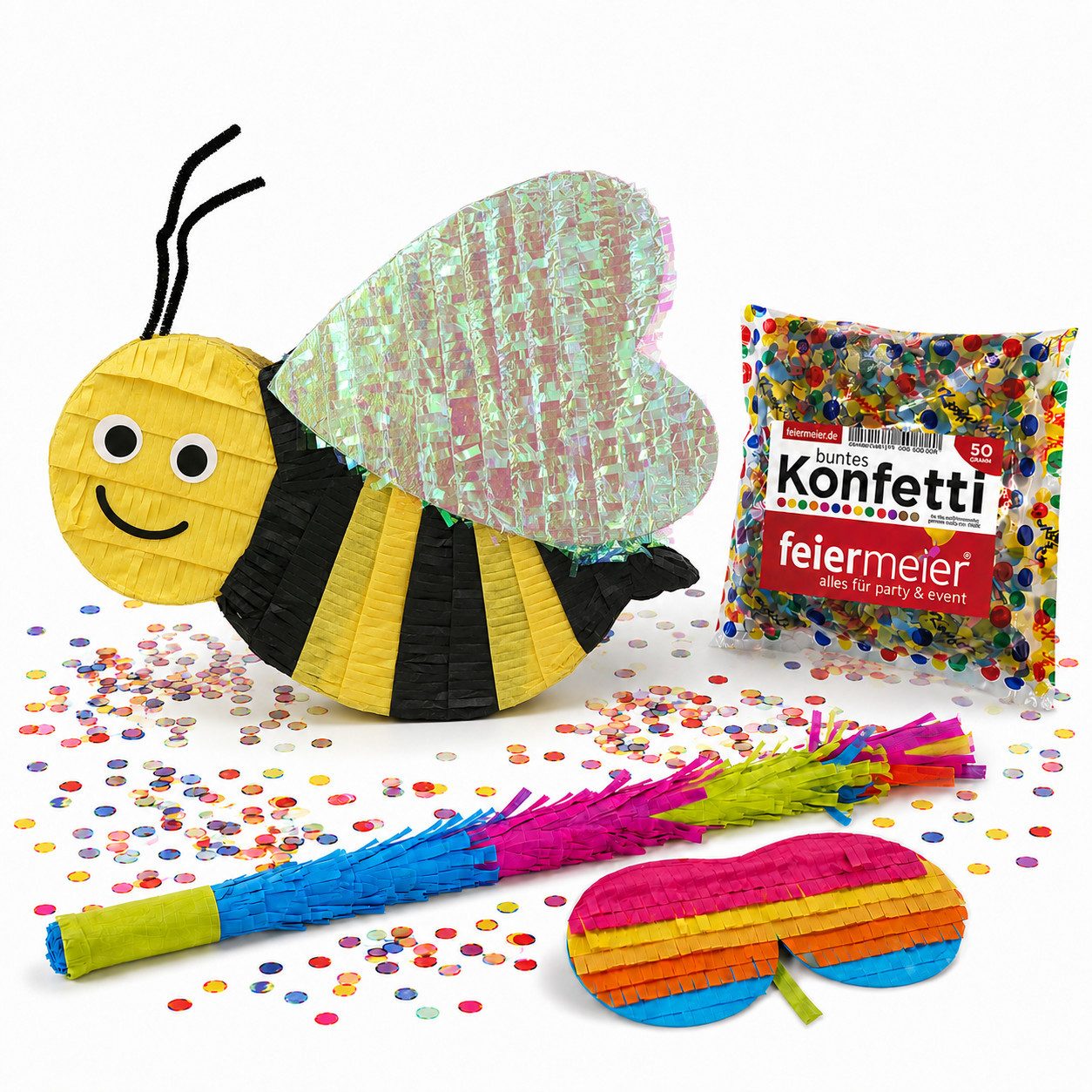 feiermeier Pinata Pinata-Set, 4-tlg. mit Augenmaske, Schlagstock un