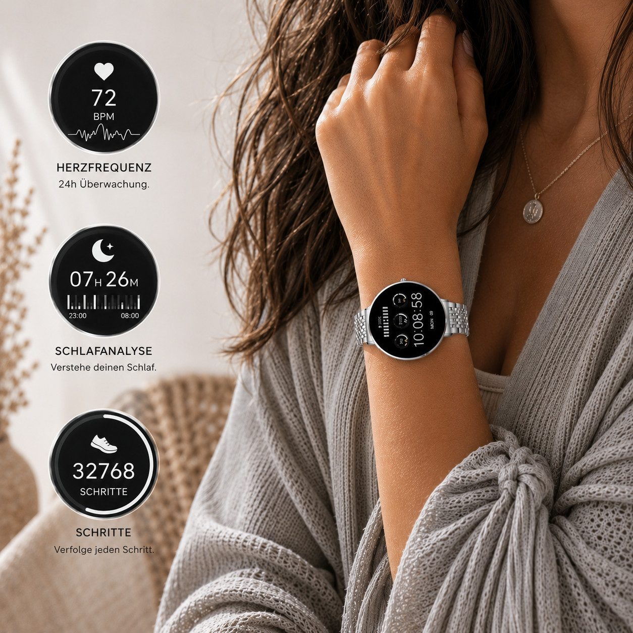 XCOAST SIONA2 ultraflache Damen Smartwatch (4,2 cm/1,3 Zoll), 1-tlg., Nachrichtenempfang, Anrufanzeige, Edelstahl, 7 Tage Akku, Blutdruck, Wasserdicht, Puls, Kalorien, AMOLED Display