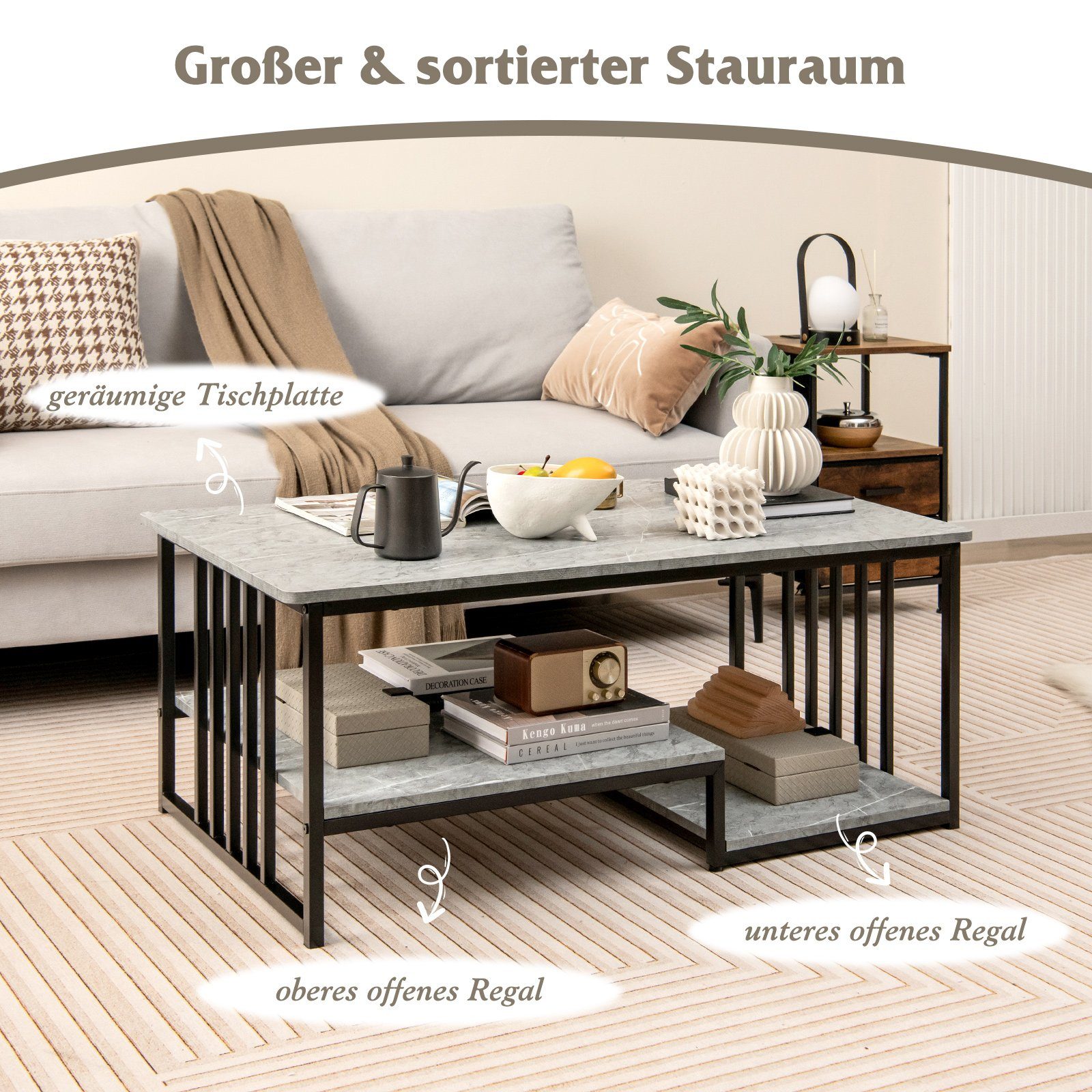 COSTWAY Couchtisch, rechteckig, Marmor, mit Stauraum, Holz, grau, 110x60x45 günstig online kaufen
