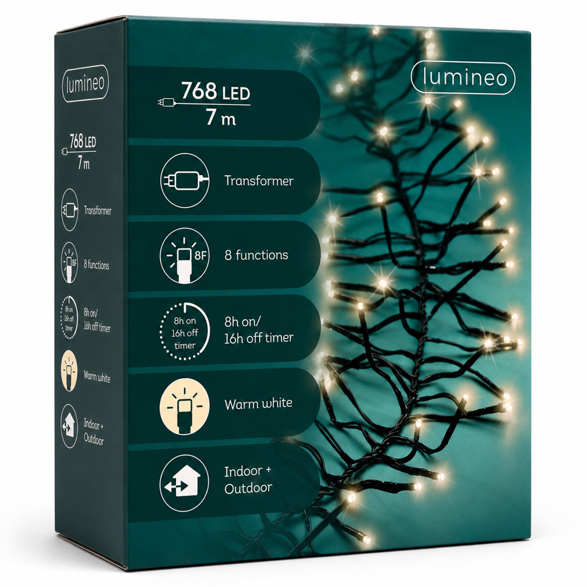 Lumineo LED-Lichterkette, LED Cluster Lichterkette 7m mit Trafo 768 LEDs Warmweiß / Schwarz