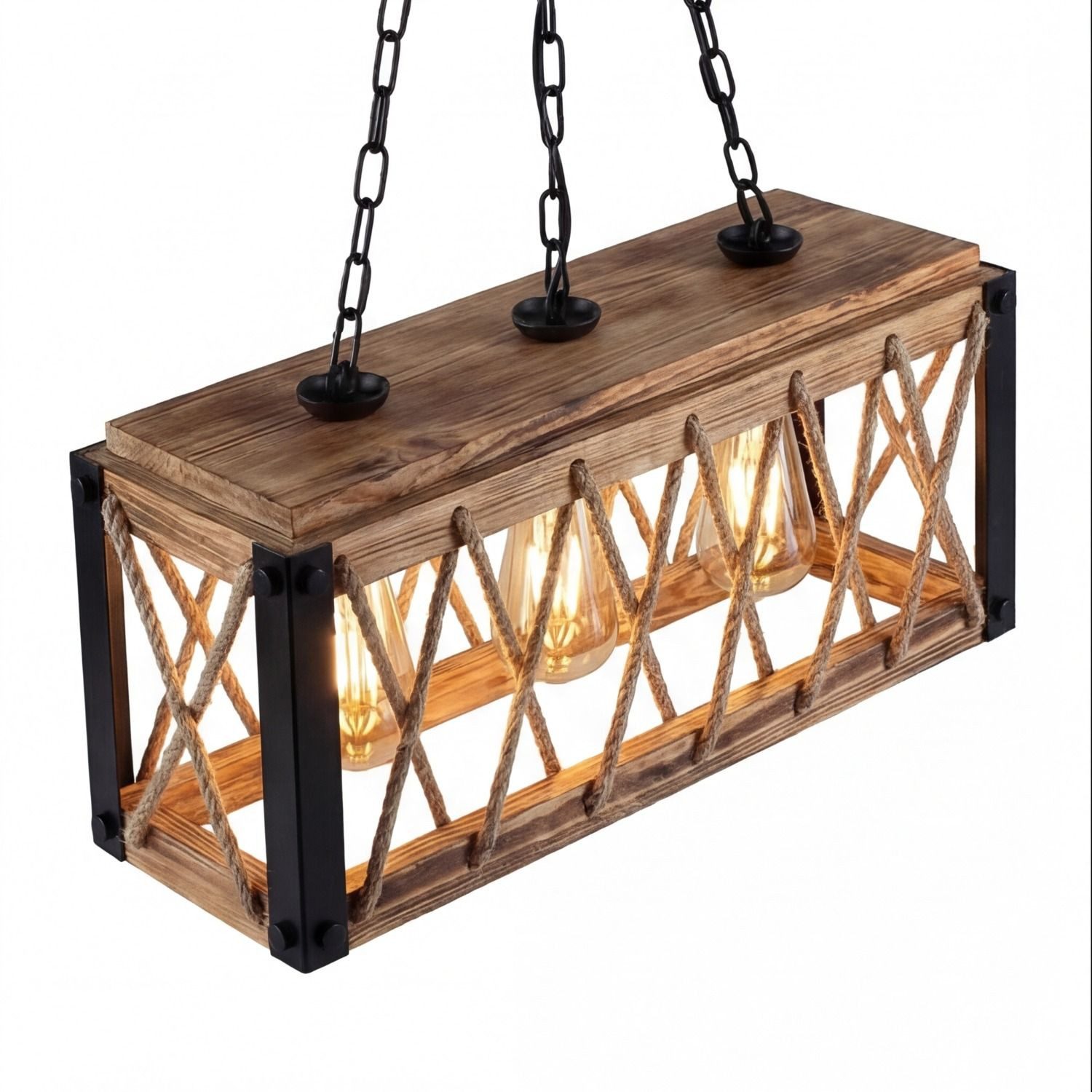 Licht-Erlebnisse Pendelleuchte SELMAR, ohne Leuchtmittel, geflammtes Holz Metall B: 49 cm H: max. 80 cm E27 3-flammig Rustikal