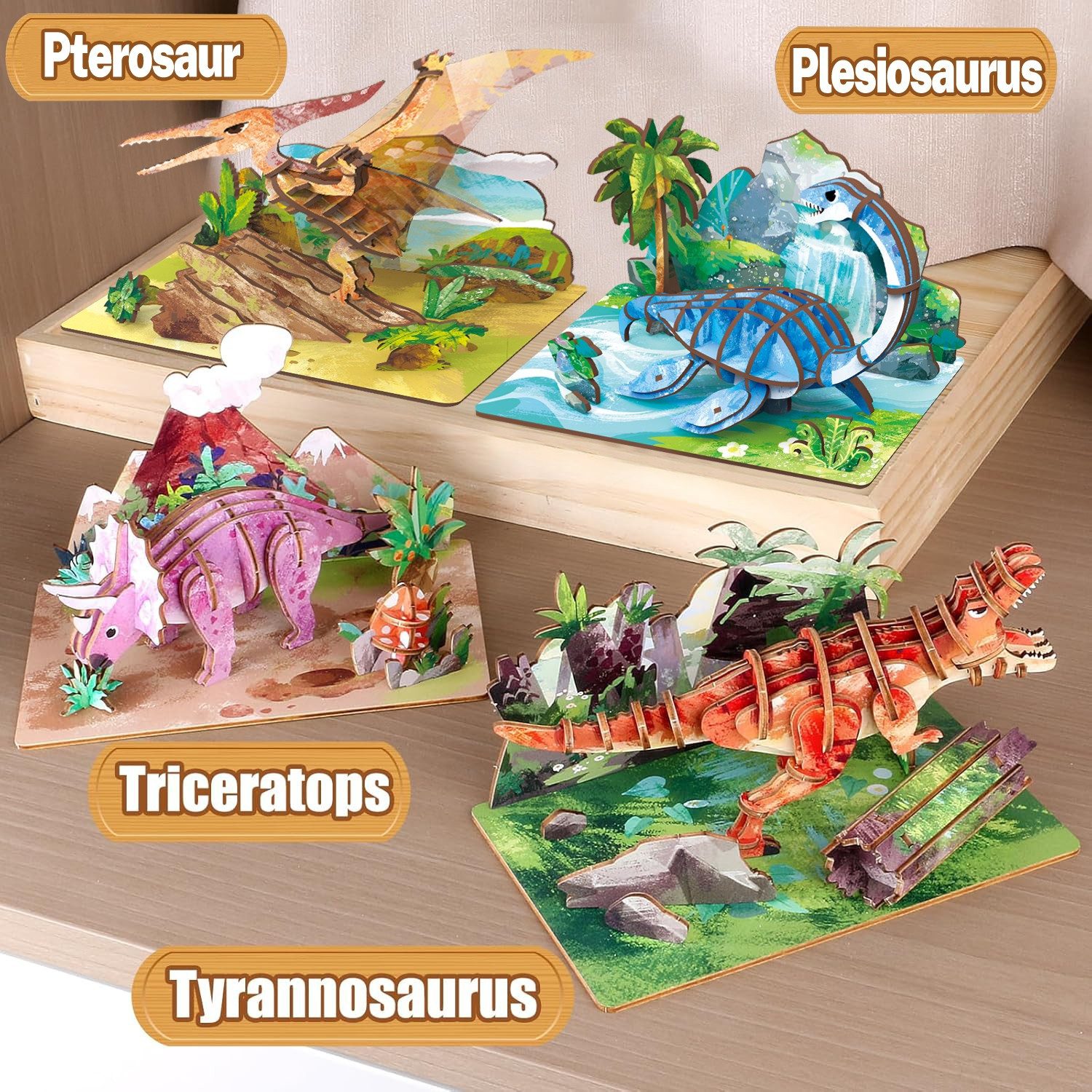 Esun 3D-Puzzle 3D Puzzle Holz Kinder 4er-Set, Dinosaurier-Spielzeug. Holzpu günstig online kaufen
