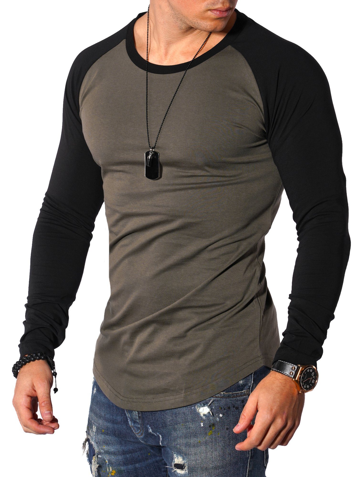 behype Langarmshirt RIO L/S im Oversize-Schnitt mit Raglan-Ärmeln khaki-schwarz