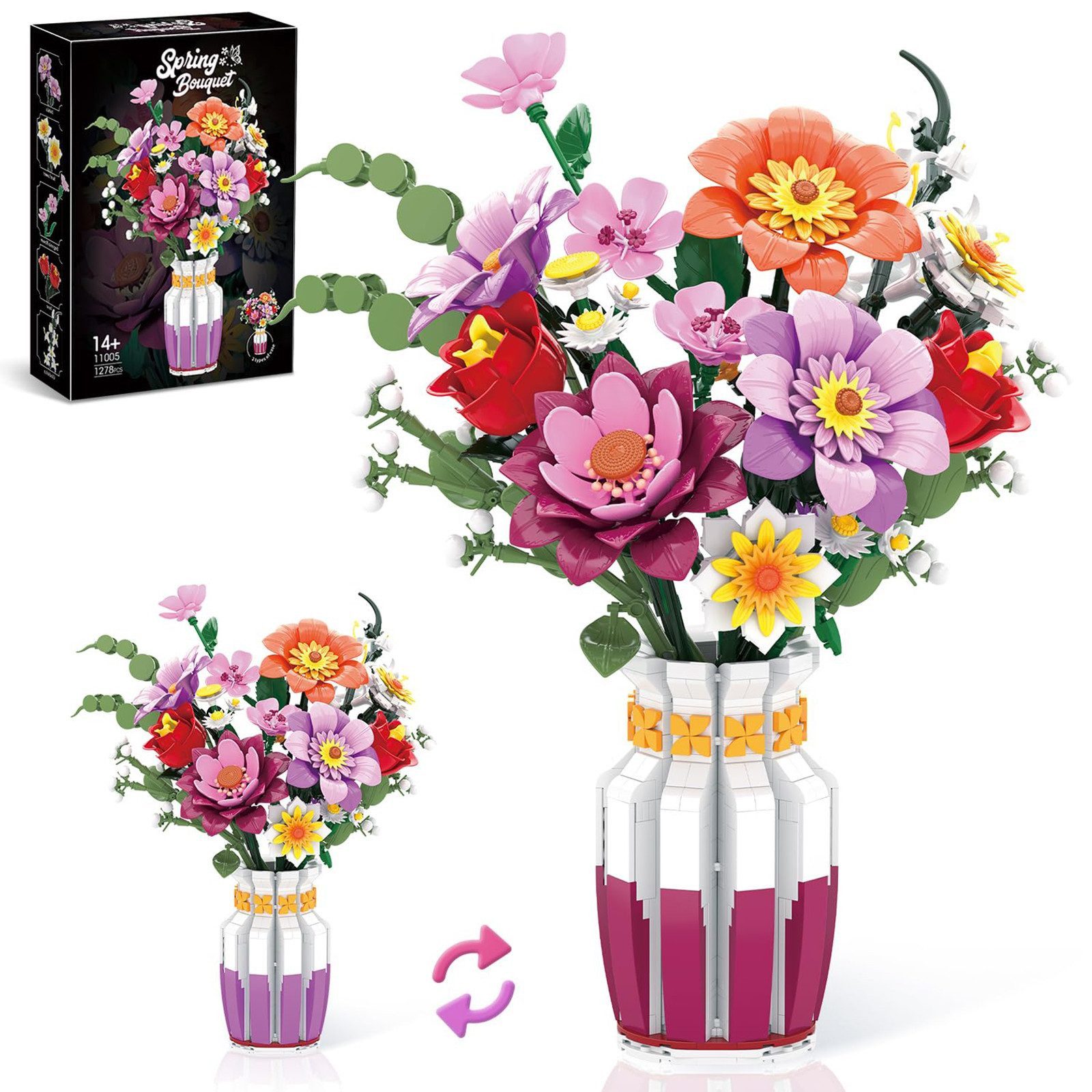 Bundviel Künstliche Blumen Bau-Set Blumentopf-Set Spielzeug Flowers Bausteinen Spielbausteine, (1278 St)