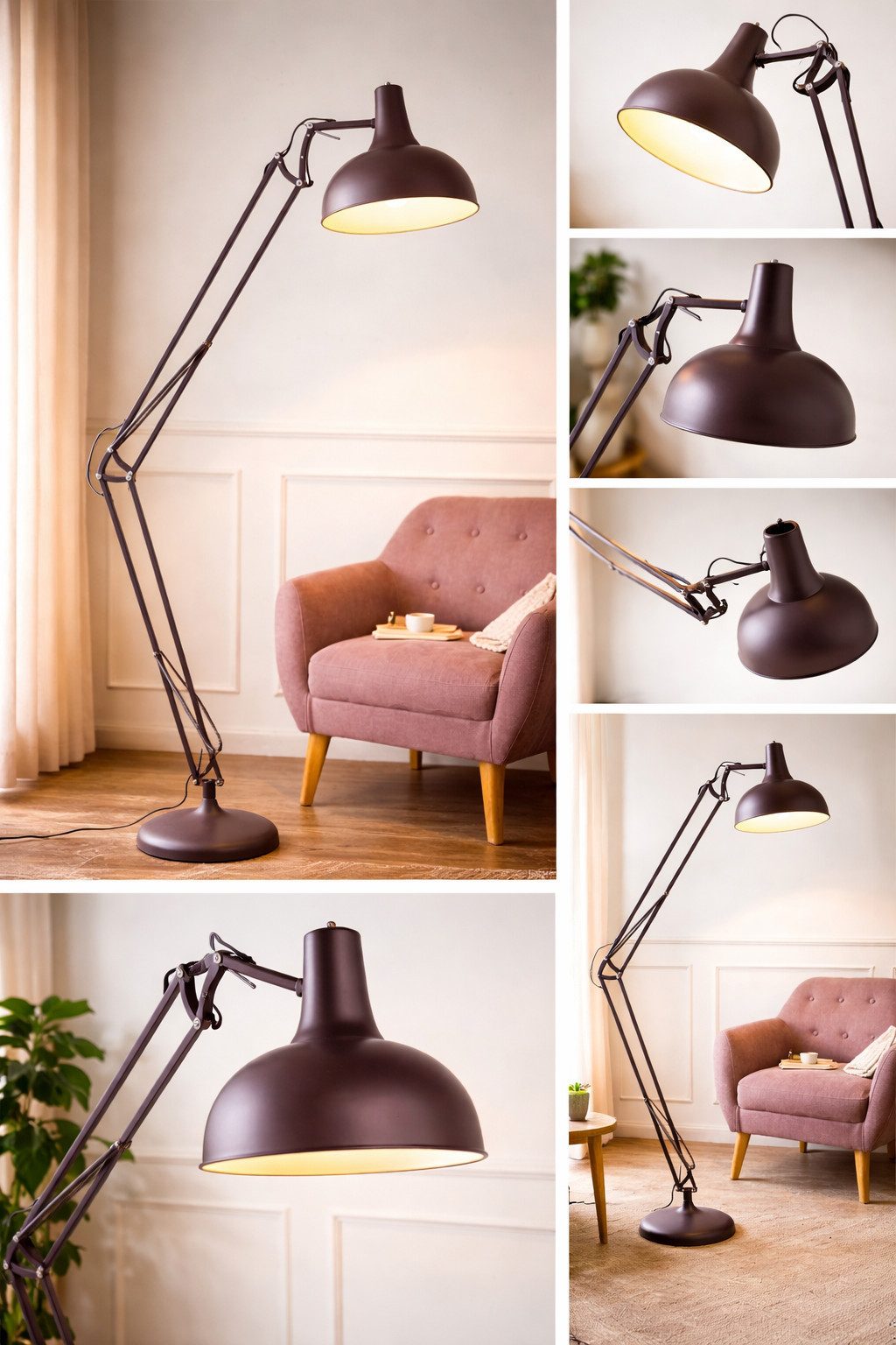 Rungassi Stehlampe Moderne Stehlampe Industrial und flexiblem Arm Braun