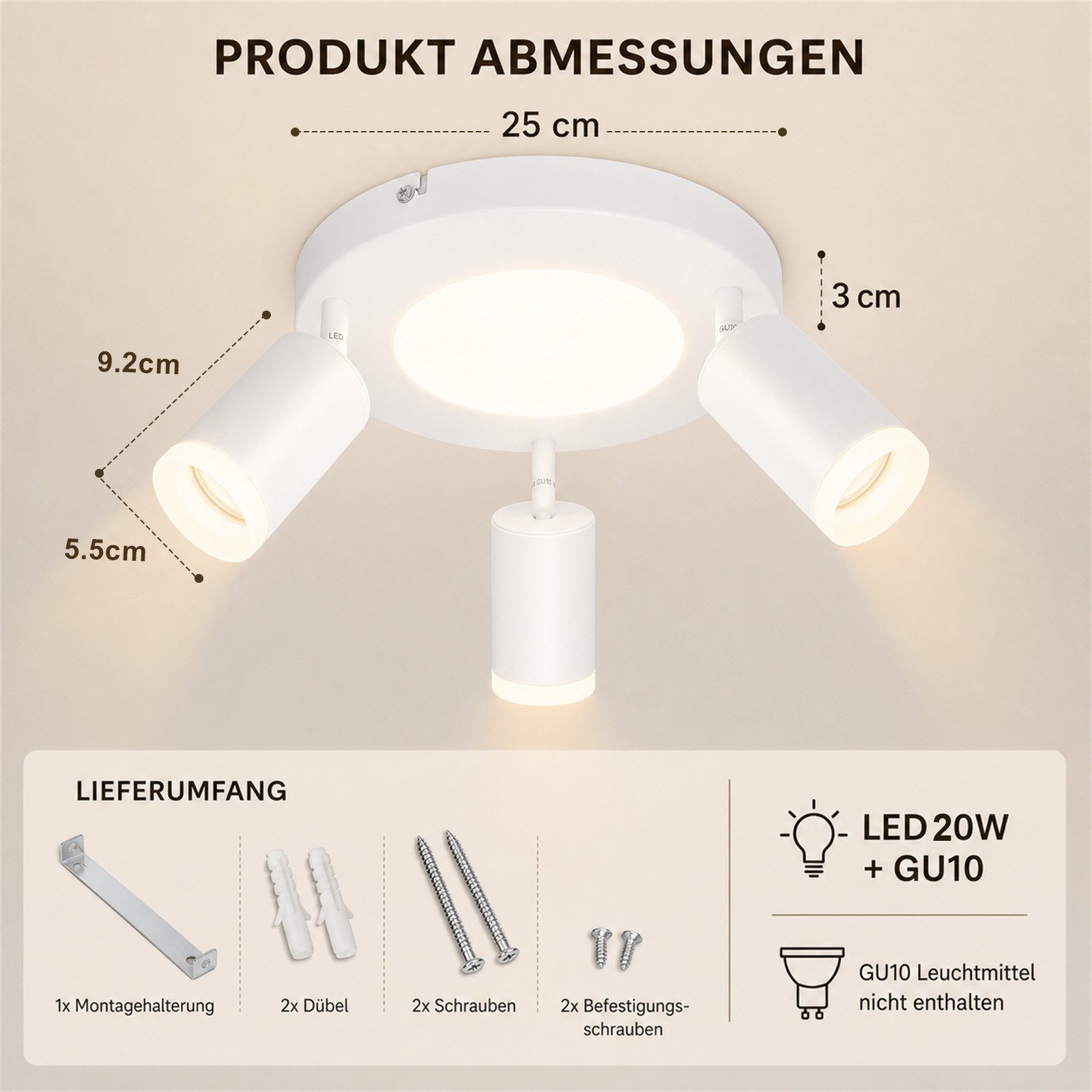 ZMH Deckenstrahler 3 Flammig Schwarz/Weiß GU10 Deckenlampe 20W 3000K für Flur und Küche, Einfache Installation, LED fest integriert, ohne Leuchtmittel, Warmweiß, Schwenkbar 350° Modern Küchenlampe Deckenspots