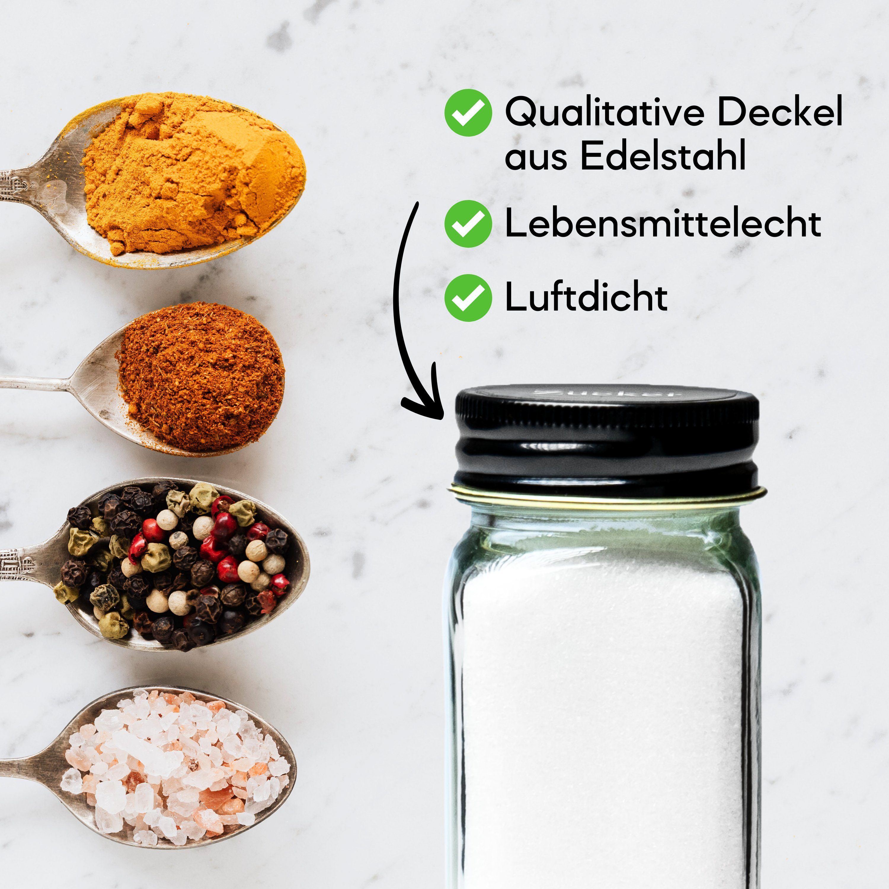 Coradoma Gewürzbehälter Gewürzgläser Set Eckig inkl. Etiketten - Glasbehälter Vorratsdosen, Glas, (24-tlg), mit Reinigungsbürste, Trichter zum Befüllen, Gewürze – Bild 5 von 5