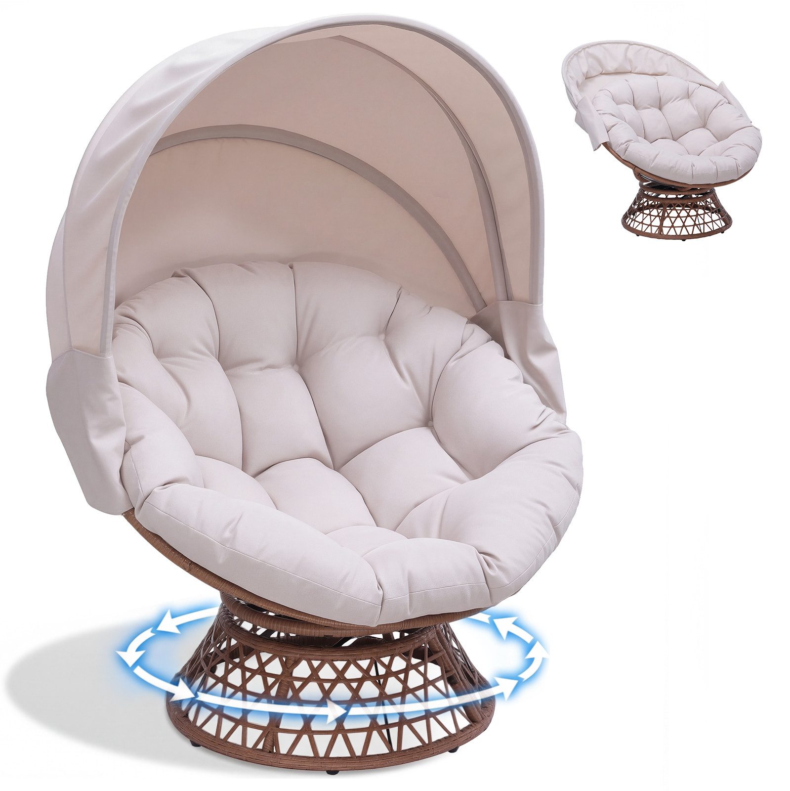 COMHOMA Rattanstuhl Papasansessel Drehsessel mit Kissen rund, Rattansessel, Loungesessel