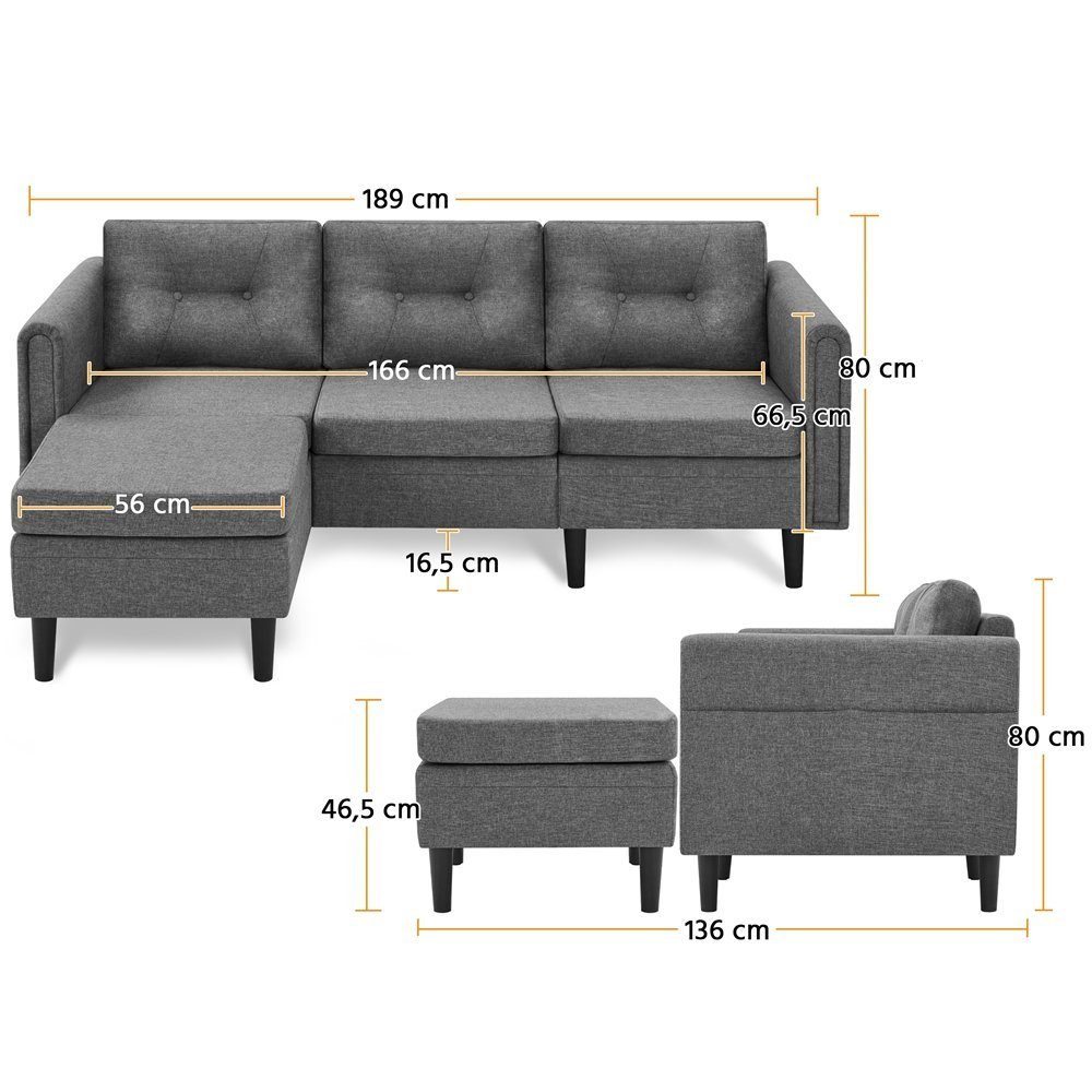 Yaheetech 3-Sitzer Schlafcouch Modernes Sofa mane mit Ecksofa Sofa, hellgrau