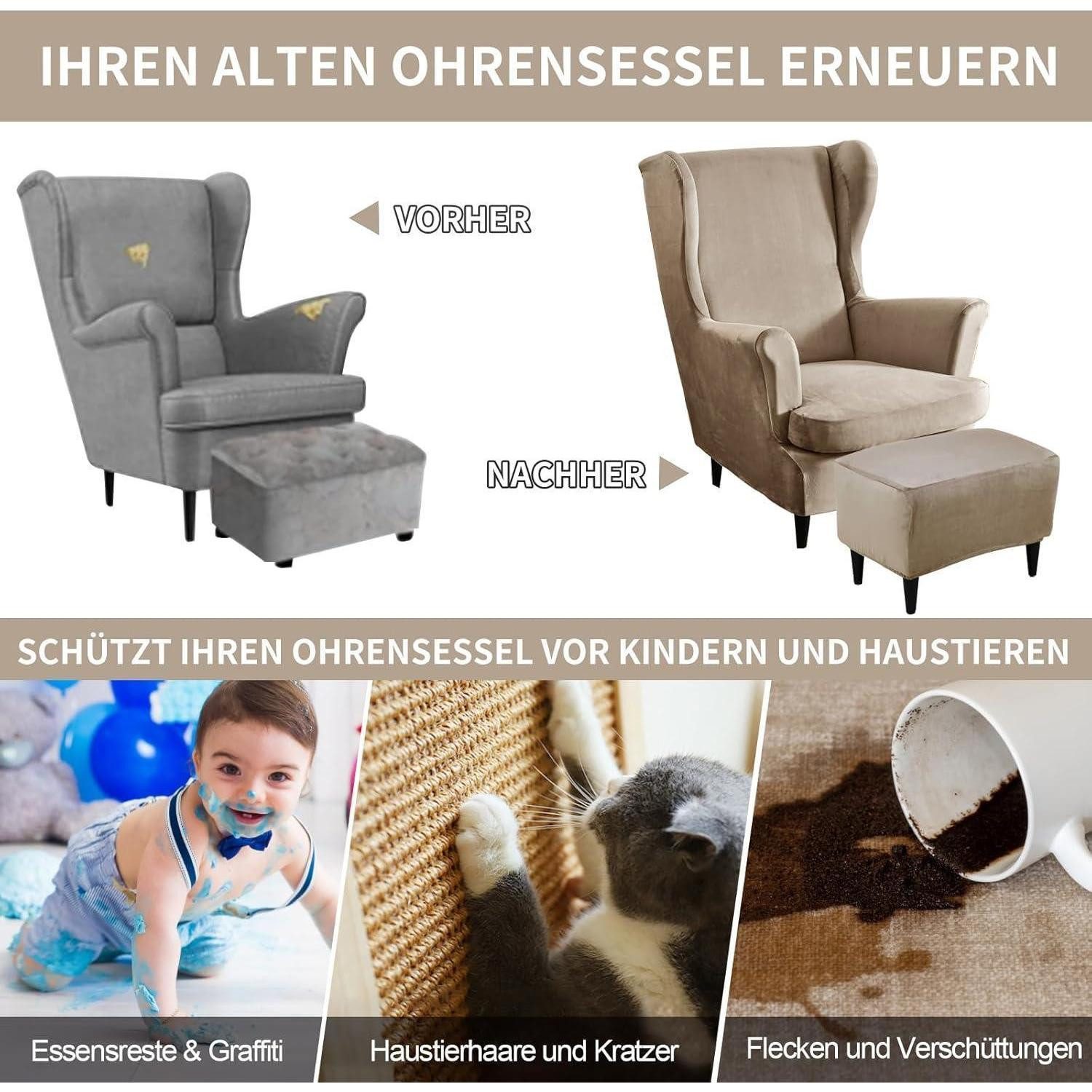 LuxusKollektion Hussen-Set Sesselhusse Ohrensessel Ottomane Stretch Samt Champagne 3 Teilig – Bild 4 von 5