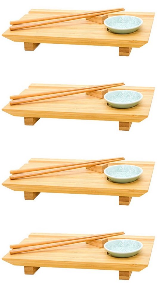 DuneDesign Servierplatte 4x Japanisches Sushi Brett 27x16x4 Servierplatten,  Holz, (Set, 20-tlg), Komplettset für 4 Personen
