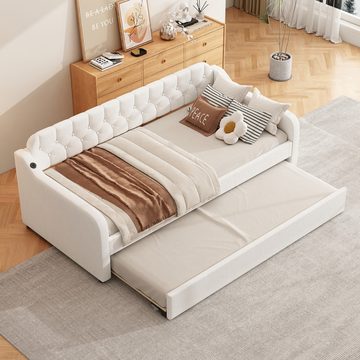 Flieks Daybett, Schlafsofa Tagesbett 90x200cm mit Ausziehbett und USB-Anschluss Leinen