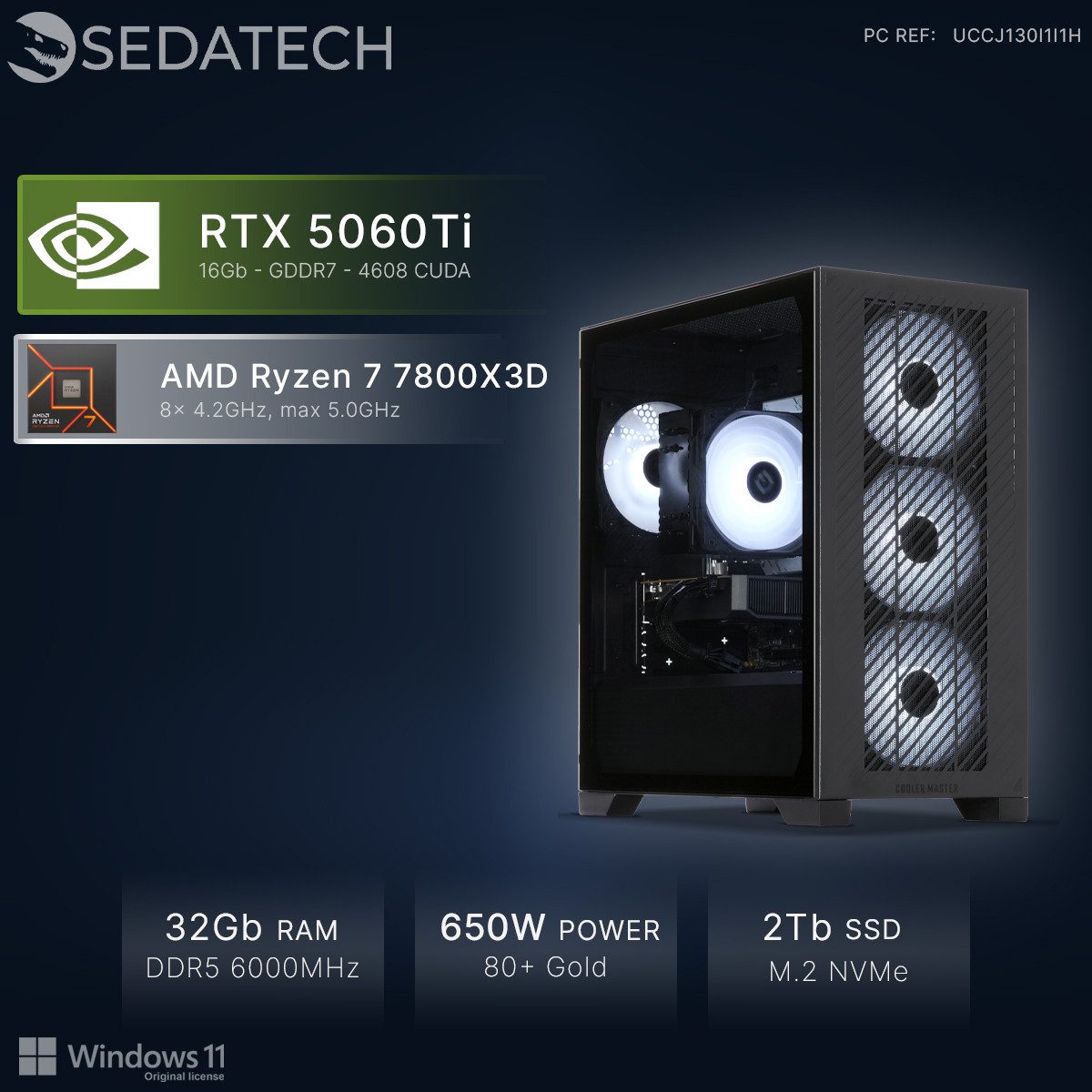 Sedatech UCCJ130I1I1HF - Gaming-PC (AMD Ryzen 7 7800X3D 8x 4.2GHz (max 5.0GHz), Geforce RTX5060Ti (16G) 16GB, 32 GB RAM, 2000 GB SSD, Wlan 6E)