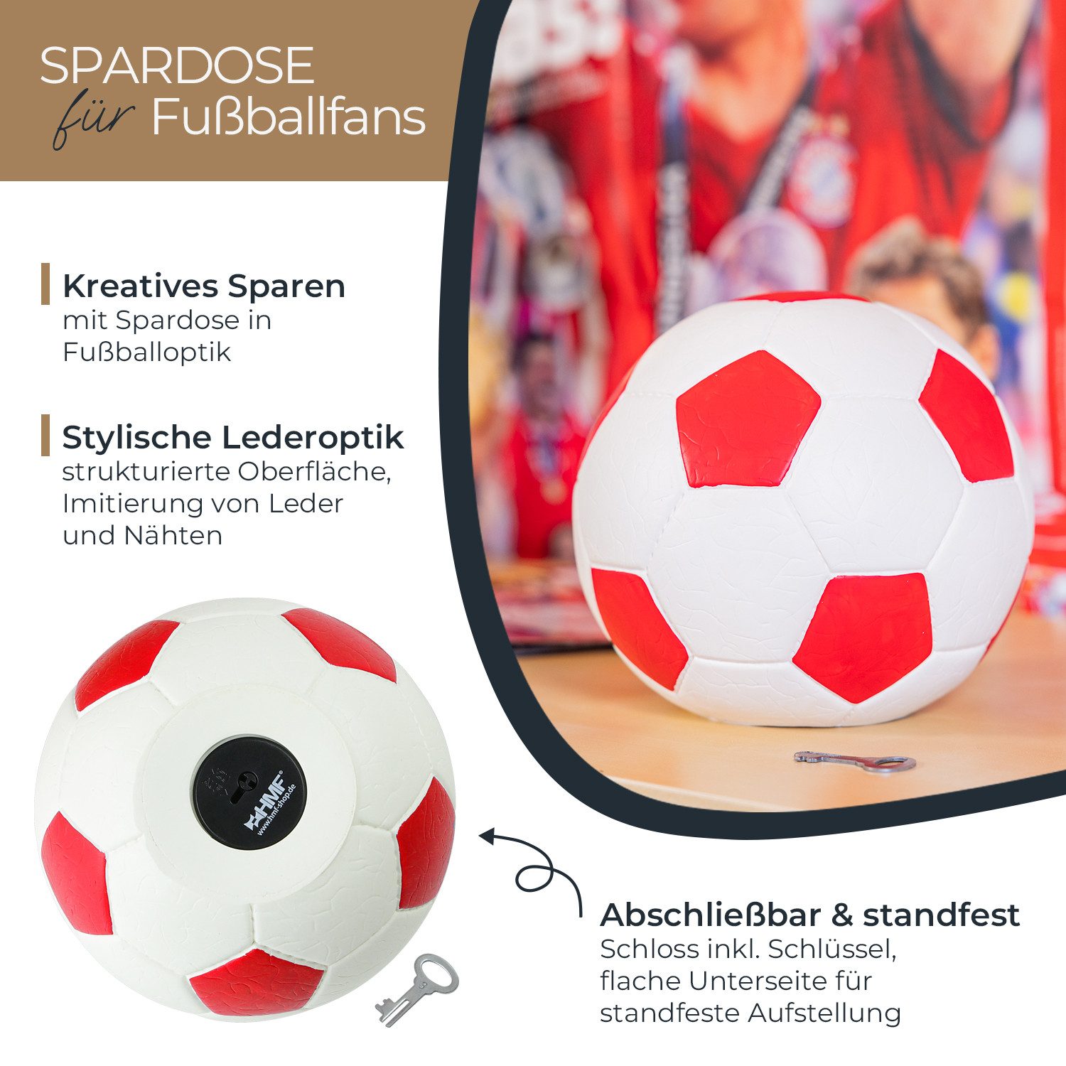 HMF Spardose 4790-03 Spardose Fußball Lederoptik, 15 cm Durchmesser, rot-we günstig online kaufen