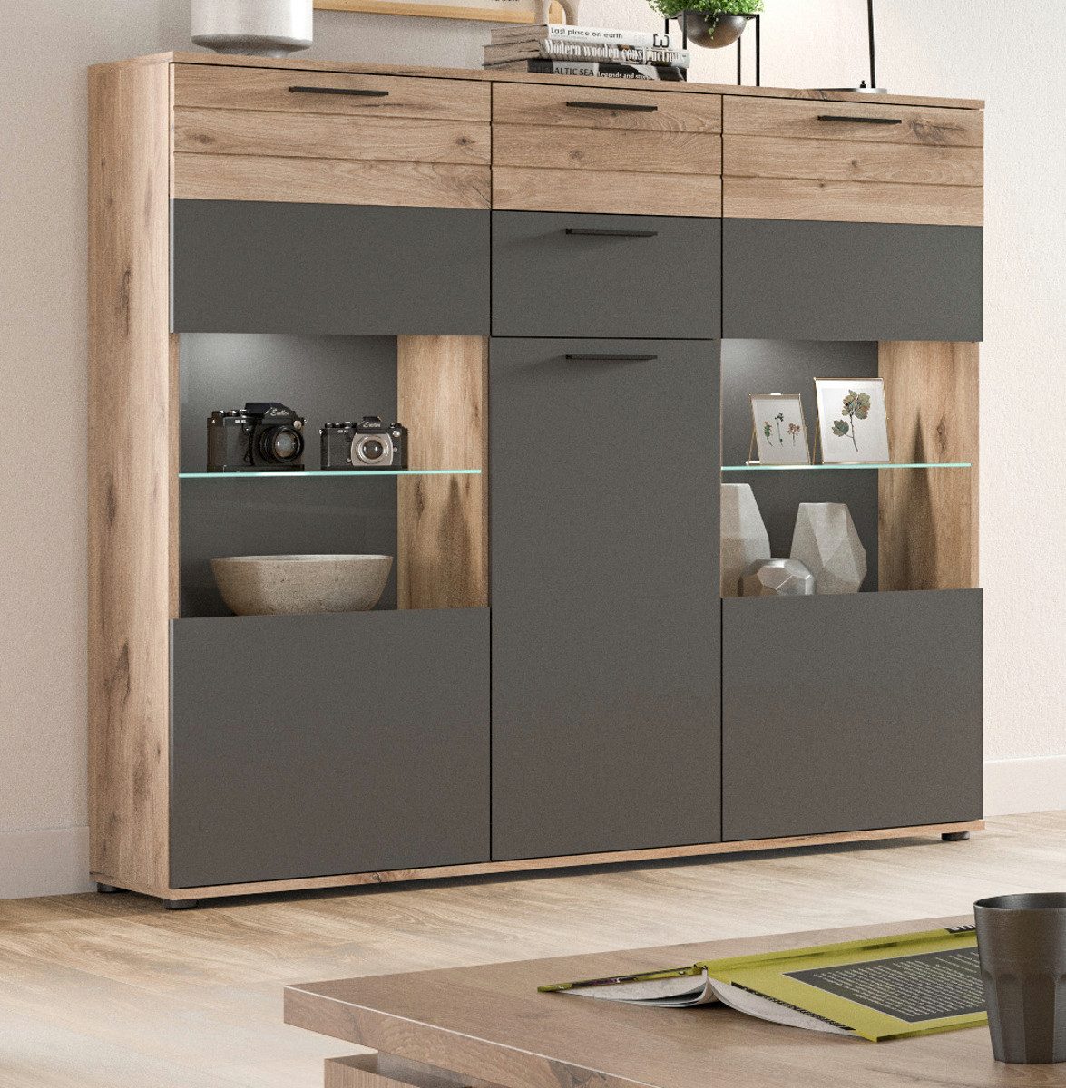 Inn.Furn Highboard Tomaso (Schrank in Eiche mit grau, 3-türig 2 Schubladen BxH 140 x 137 cm), mit Soft-Close