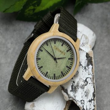 Holzwerk Quarzuhr HERFORD Damen und Herren Textil & Holz Armband Uhr, oliv grün, beige