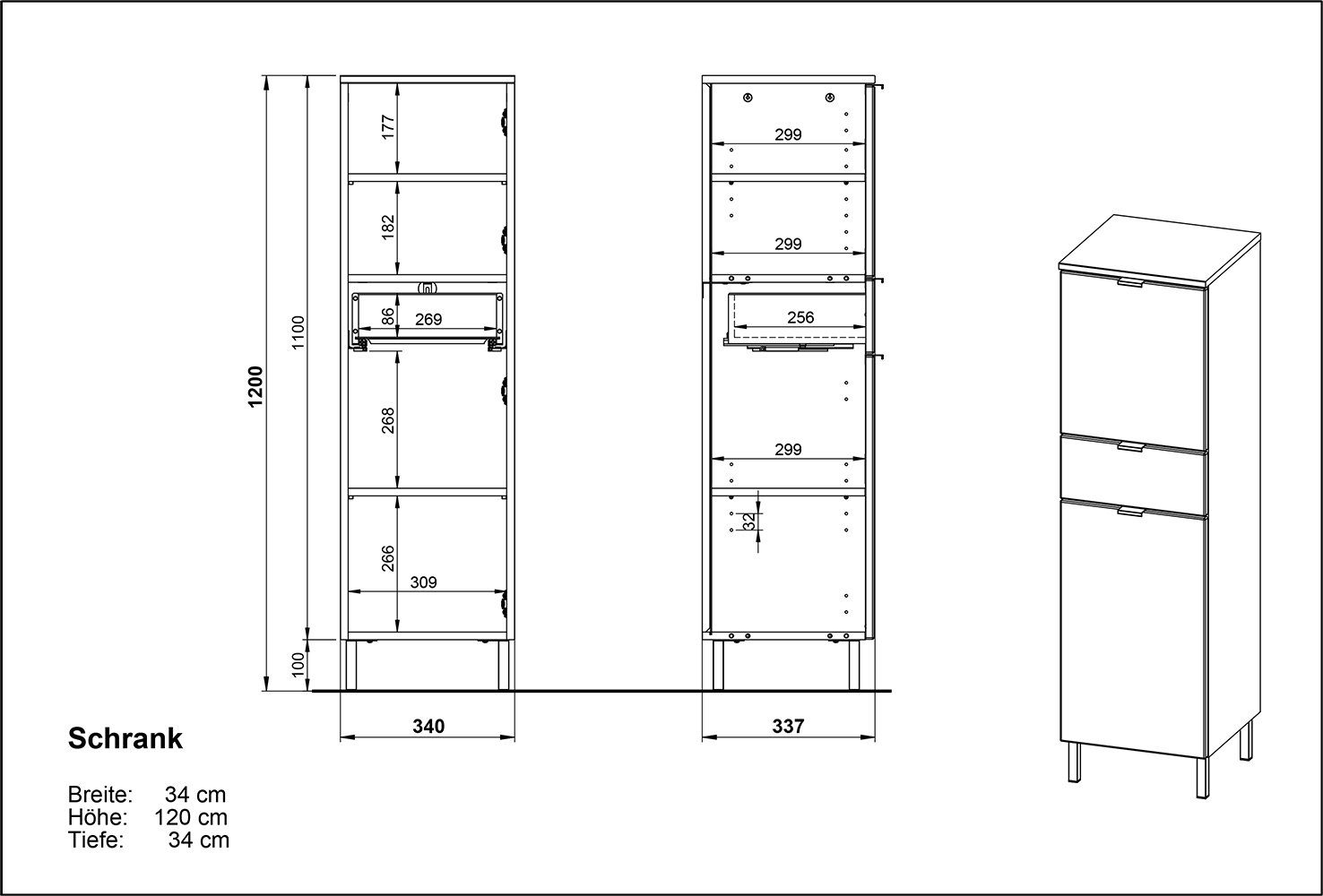 möbelando Midischrank 415 (BxHxT: 34x120x34 und mit weiss cm) Türen in 2 Einlegeböden hellbraun, 2