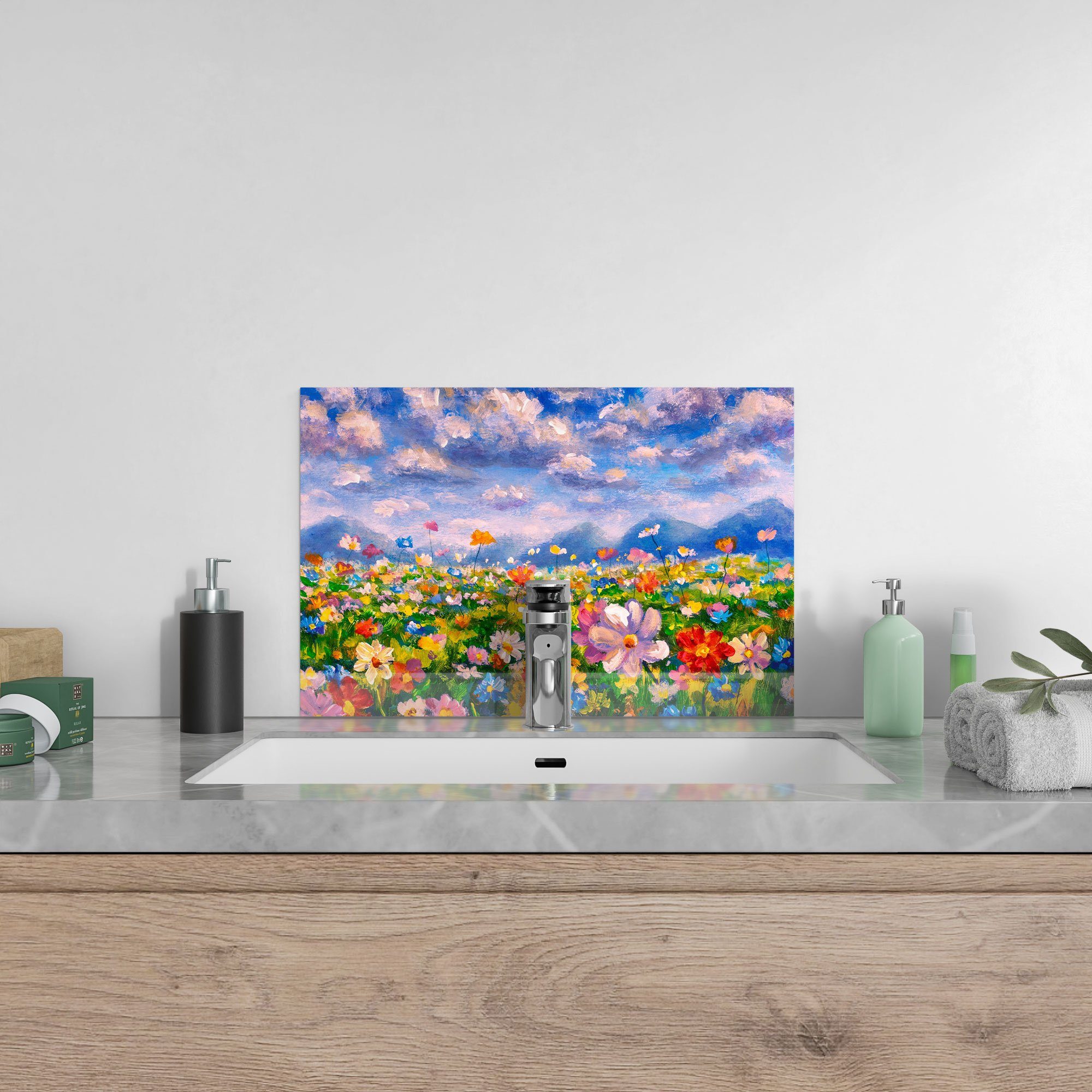 Küchenrückwand Badrückwand und Herdblende DEQORI Berge', Glas Spritzschutz 'Blumenwiese