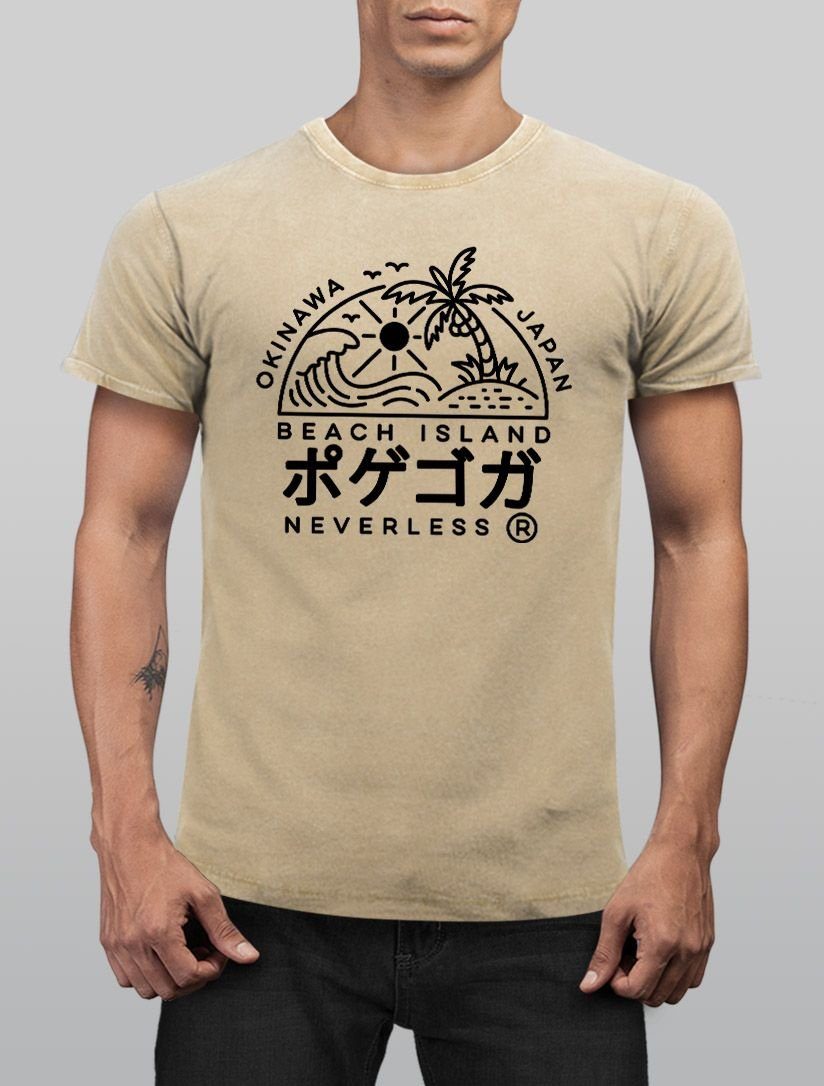 Neverless Print-Shirt Herren Vintage T-Shirt Neverless® Island Japan Printshirt Print Used Look Okinawa mit Aufdruck Schriftzeichen Beach natur Shirt
