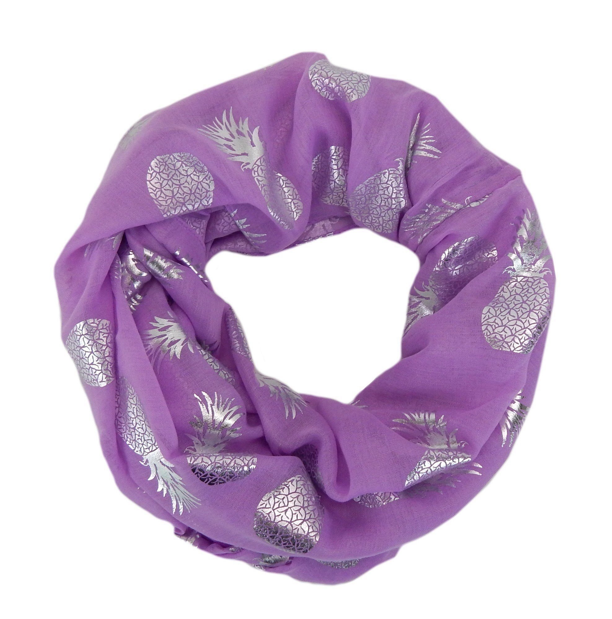 Ella Jonte Loop, leichter Viskose Rundschal lila flieder mit silber Ananas Print