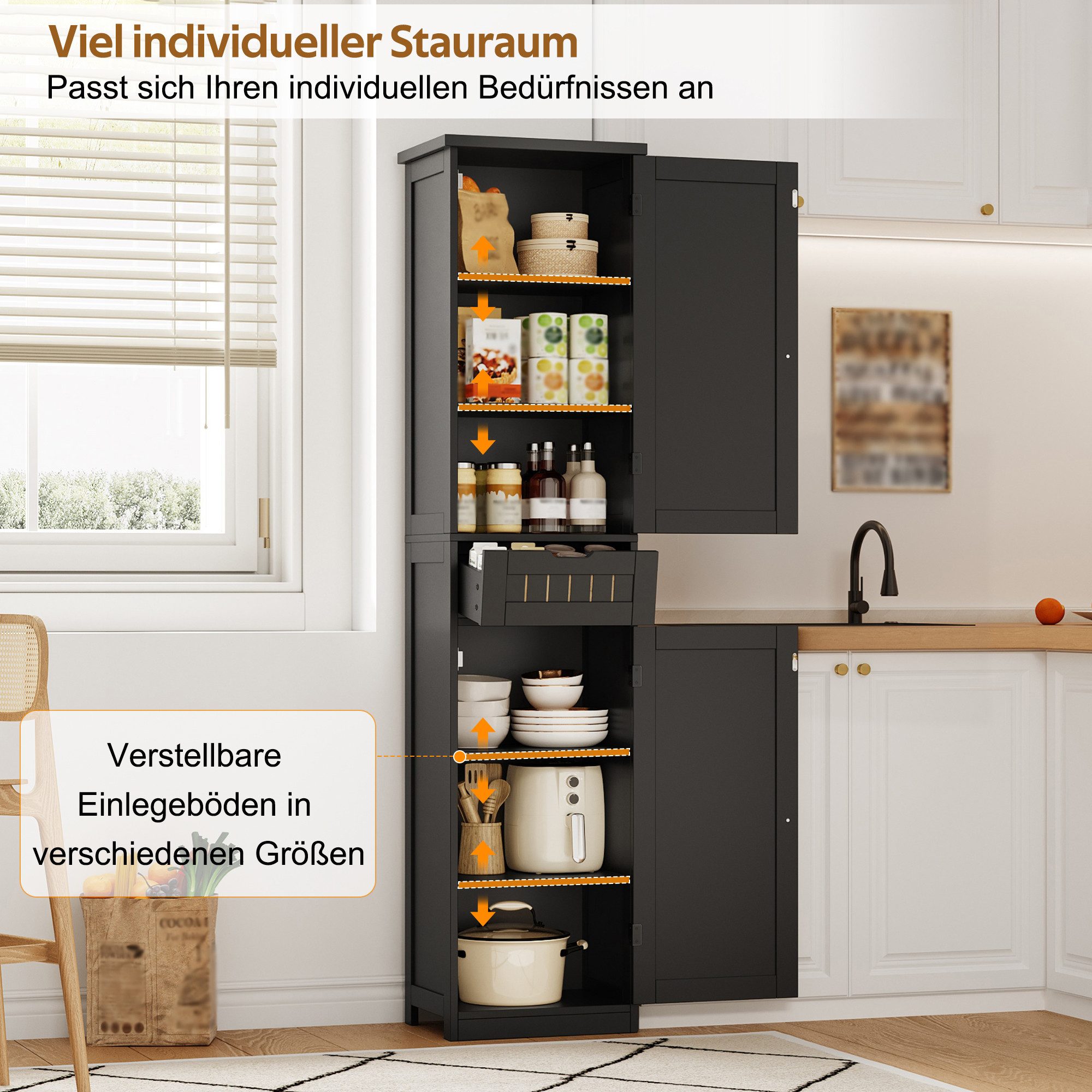 Celya Hochschrank Küchenschrank, 40×30×170 cm, mit 2 Türen und 1 Schublade (mit verstellbaren Einlegeböden für flexible Aufbewahrung) Geeignet für Küche, Esszimmer oder Wohnzimmer