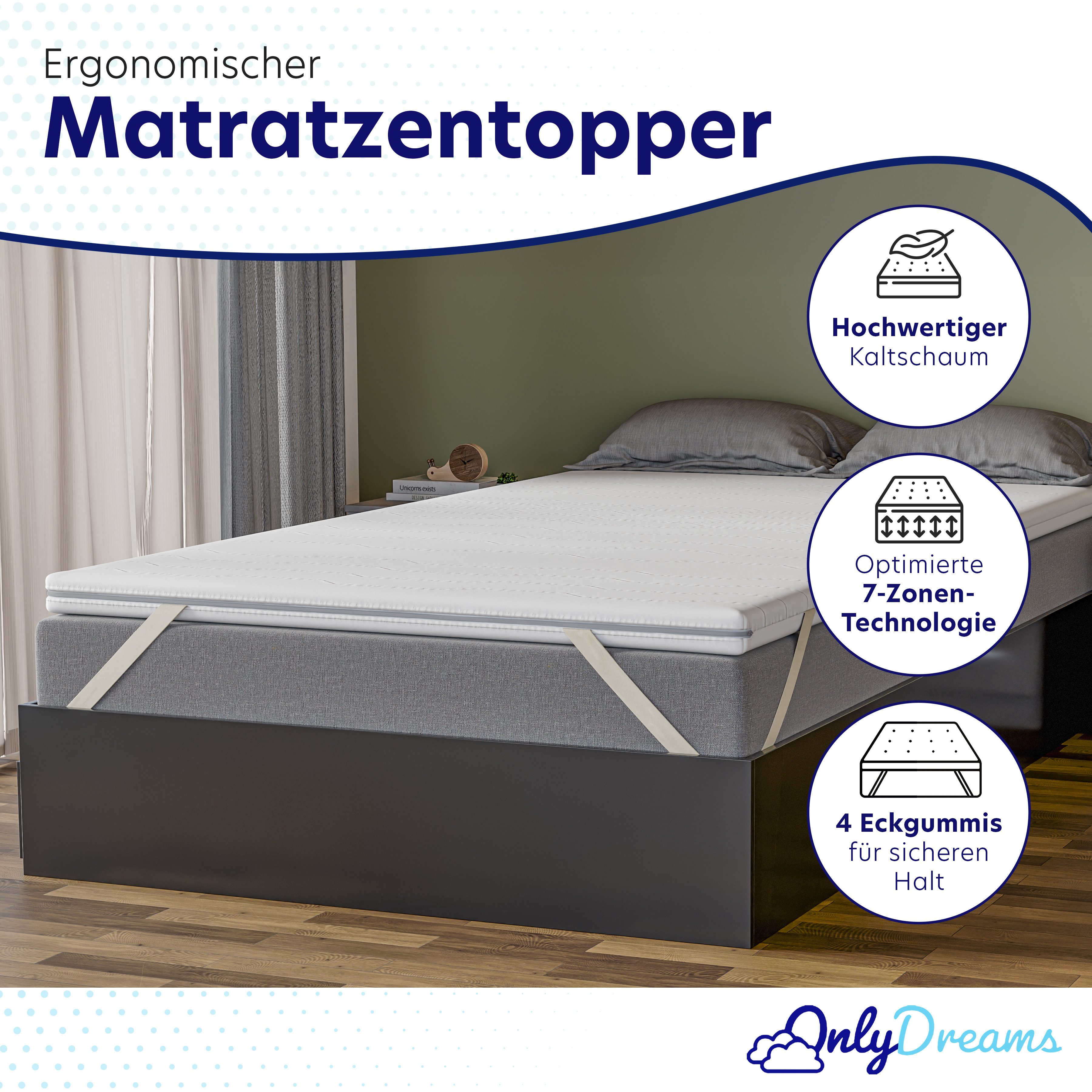 Träumegut24, Topper OnlyDreams - 5cm hoher 7-Zonen Kaltschaum Topper mit zwei Liegeseiten, 5 cm hoch, Kaltschaum, verschiedene Größen und Härtegrade