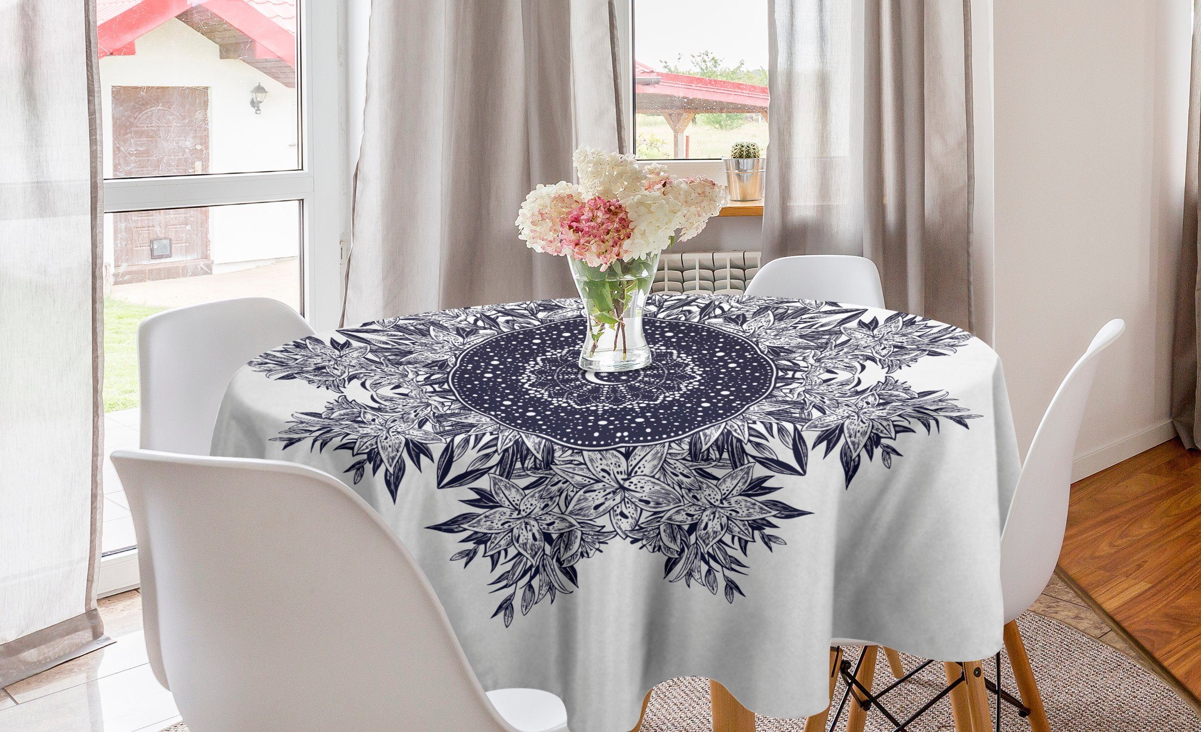 Abakuhaus Tischdecke Kreis Tischdecke Abdeckung für Esszimmer Küche Dekoration, Galaxy Mandala Mond und Sterne Lily