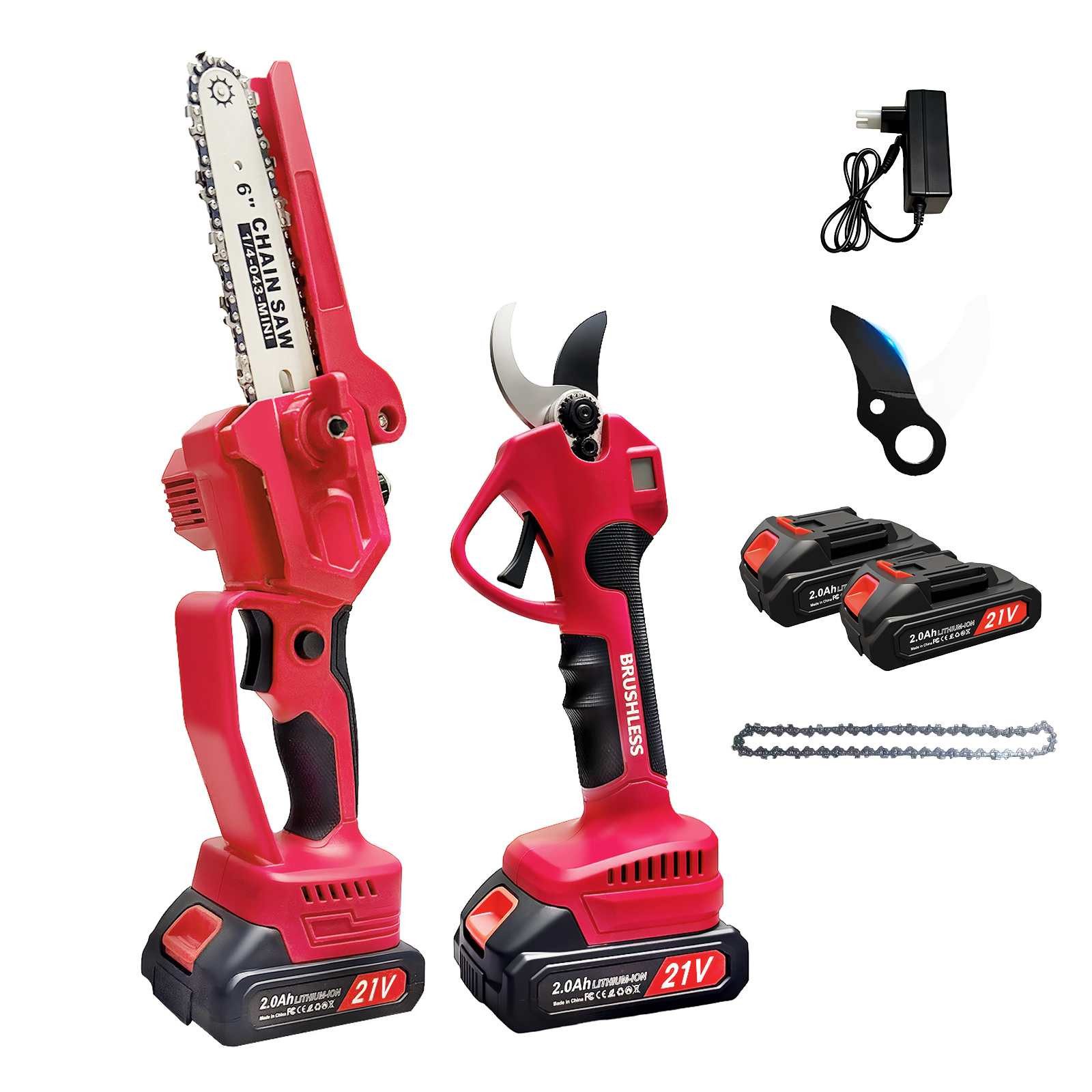 BBWL Akku-Kettensäge Elektrokettensäge Set mit Gartenschere 300W bürstenloser Motor, hohe Schnittleistung leise langlebig ergonomisch